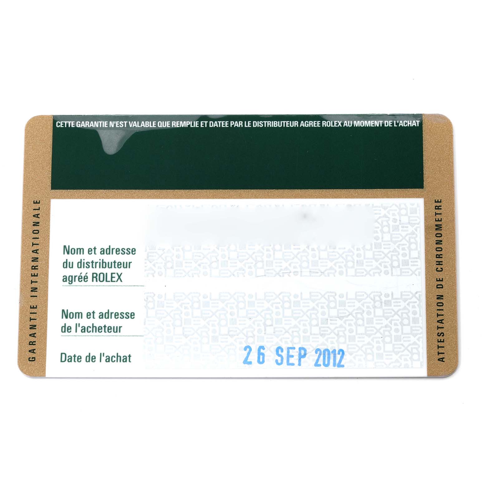 The image shows a warranty card for a Rolex Explorer 214270 Men's Stainless Steel Black Dial watch, displaying information fields and a date.
