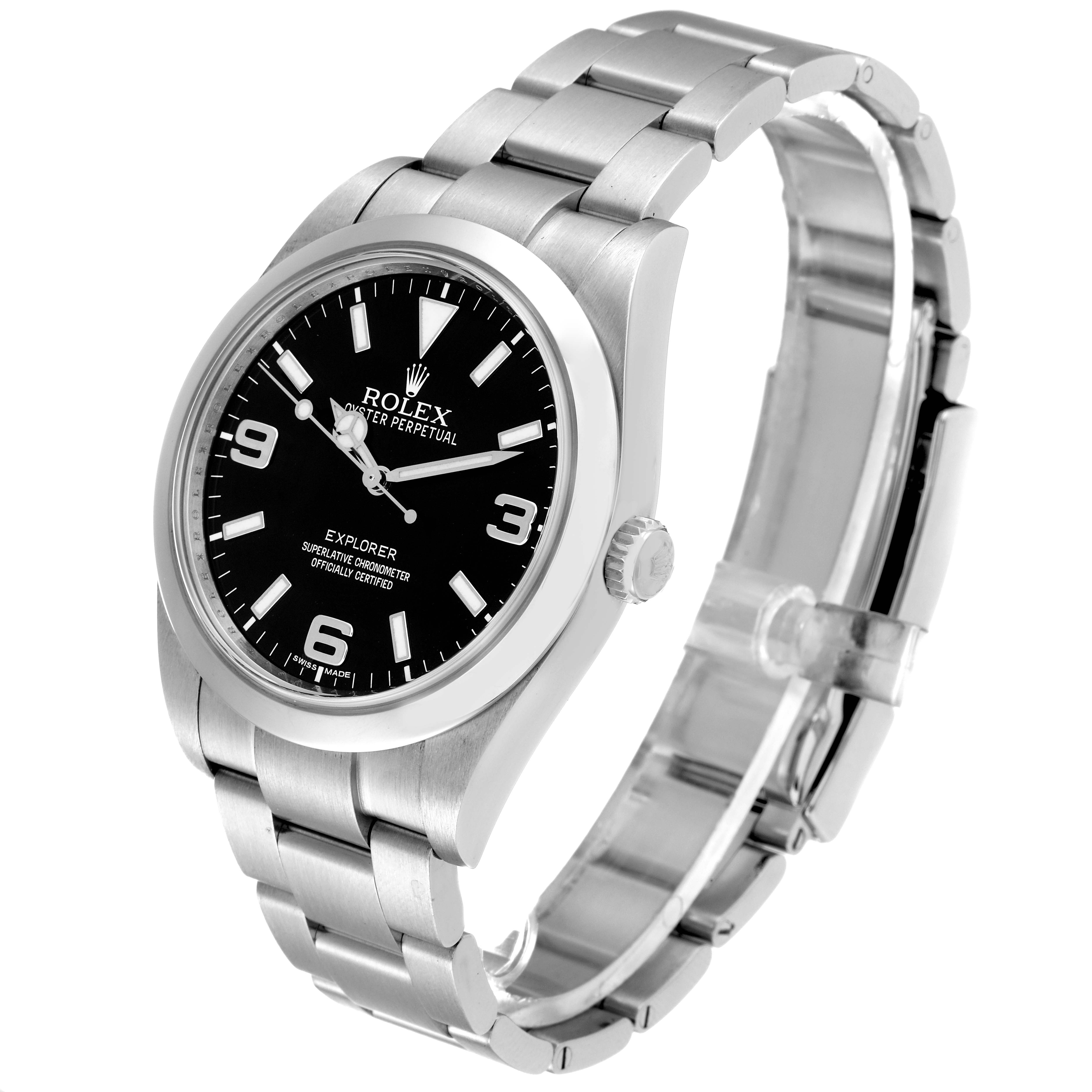 The Rolex Explorer 214270 Men's Stainless Steel Black Dial watch is shown at a slight angle, displaying the face, bezel, crown, and a portion of the bracelet.