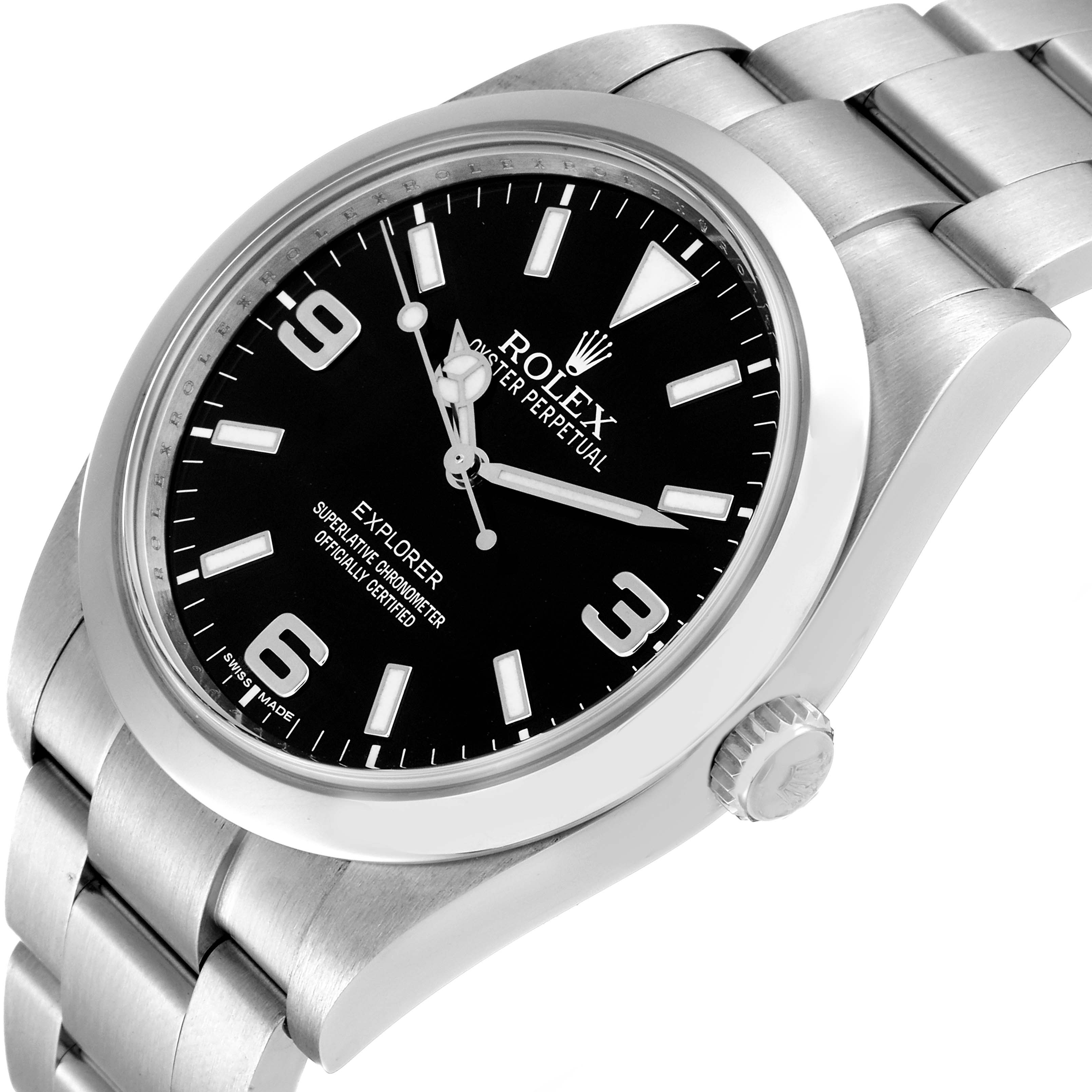 The Rolex Explorer 214270 Men's Stainless Steel Black Dial watch is shown at a three-quarter angle, highlighting the bezel, dial, crown, and bracelet links.