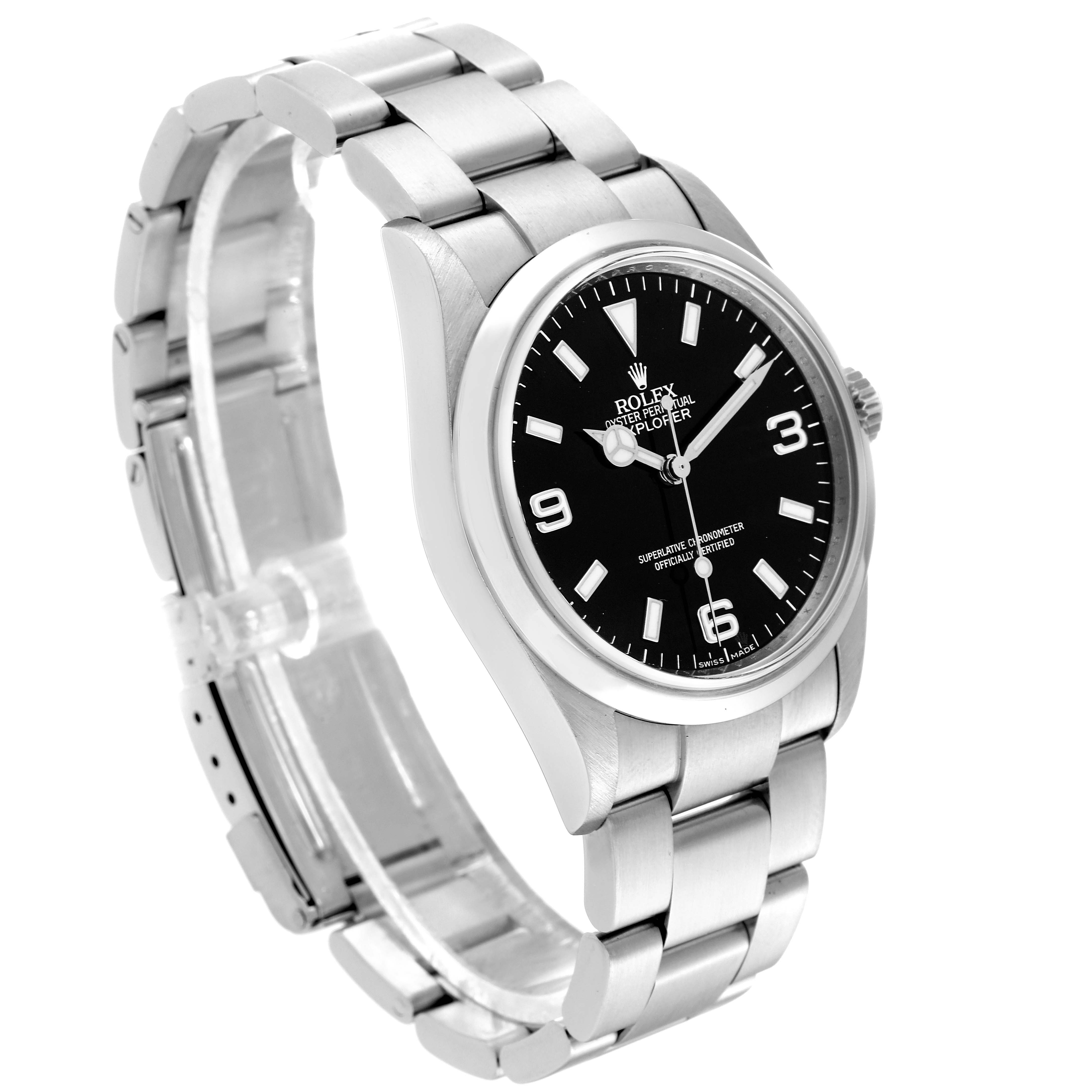 The Rolex Explorer 114270 Men
s Stainless Steel Black Dial 114270 Men
s Stainless Steel Black Dial watch is shown at an angled view, highlighting its stainless steel bracelet, black dial, and bezel.