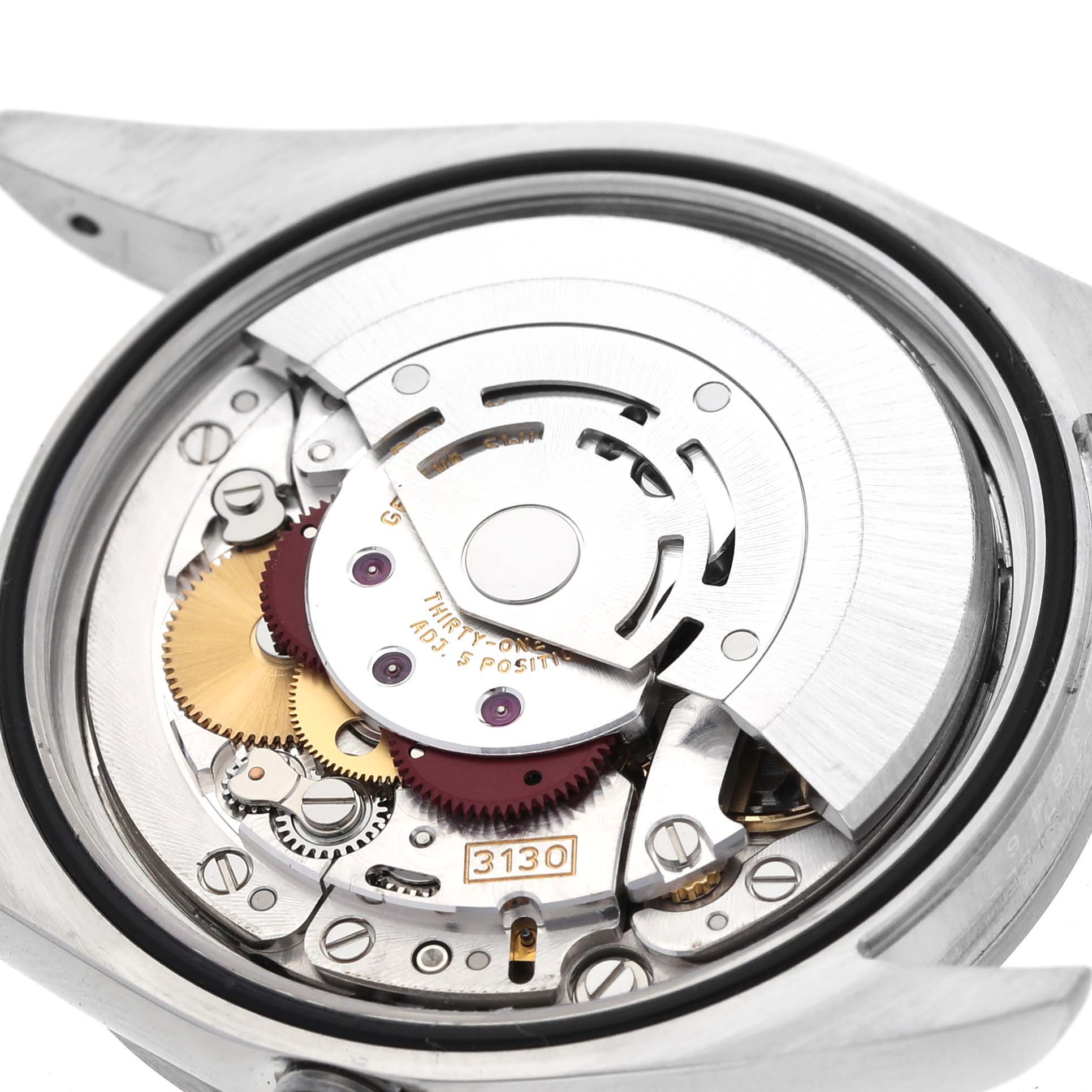 The image shows the internal movement mechanism of a Rolex Explorer 114270 Men
s Stainless Steel Black Dial 114270 Men
s Stainless Steel Black Dial watch.