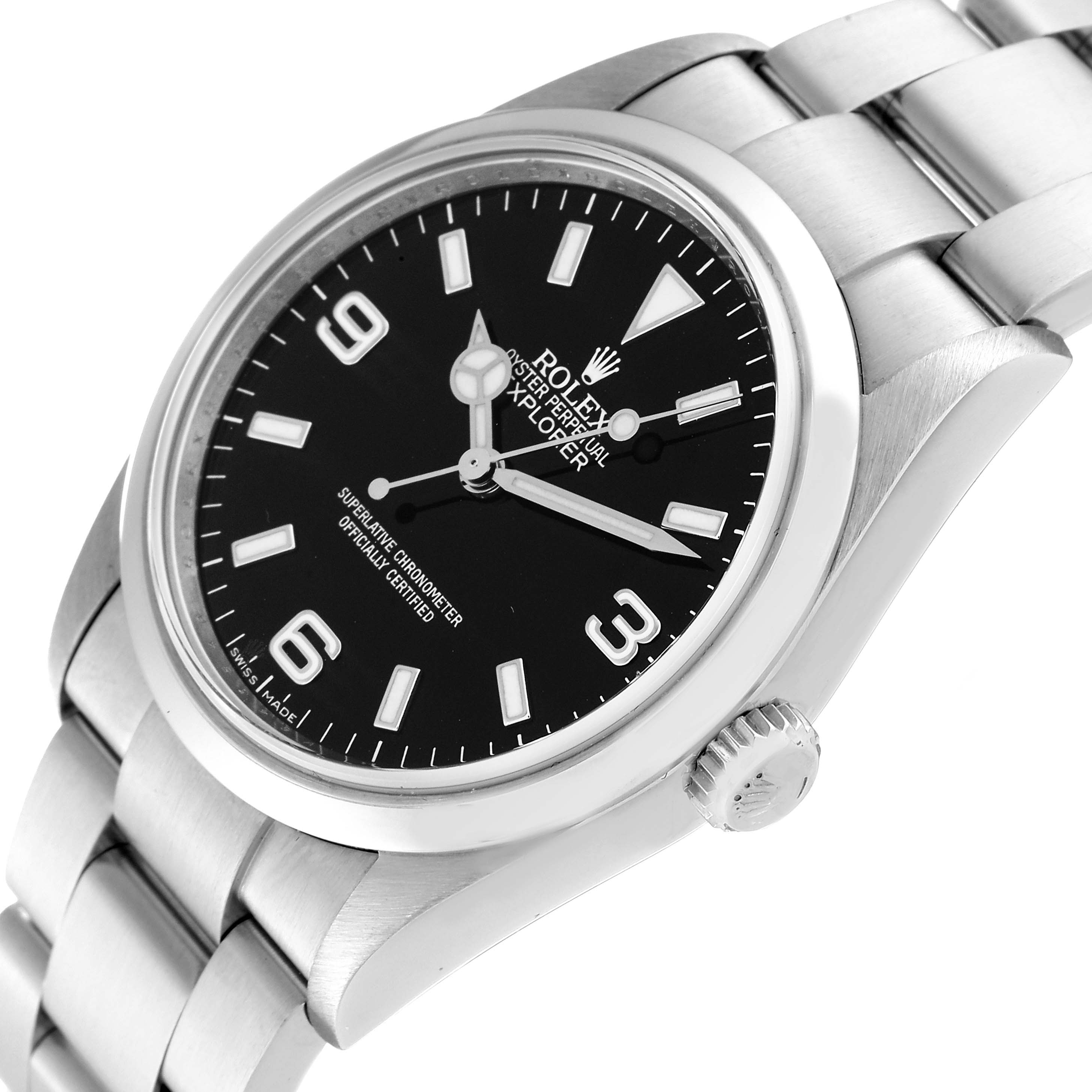 The image shows a side and front angle of the Rolex Explorer 114270 Men
s Stainless Steel Black Dial 114270 Men
s Stainless Steel Black Dial watch displaying its black dial, markers, and stainless steel bracelet.