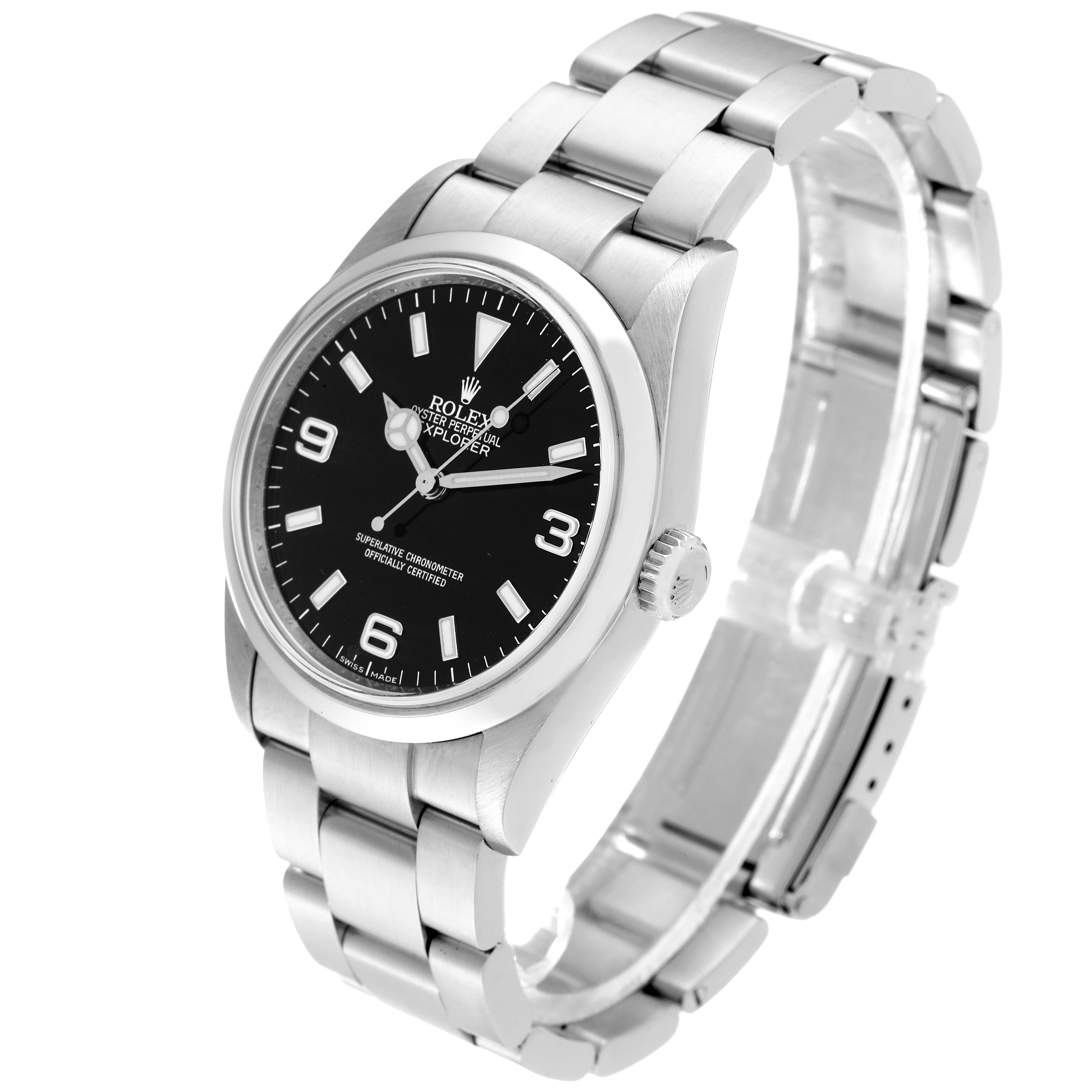 The Rolex Explorer 114270 Men
s Stainless Steel Black Dial 114270 Men
s Stainless Steel Black Dial watch is shown at a 3/4 angle, displaying the dial, bezel, crown, and bracelet.