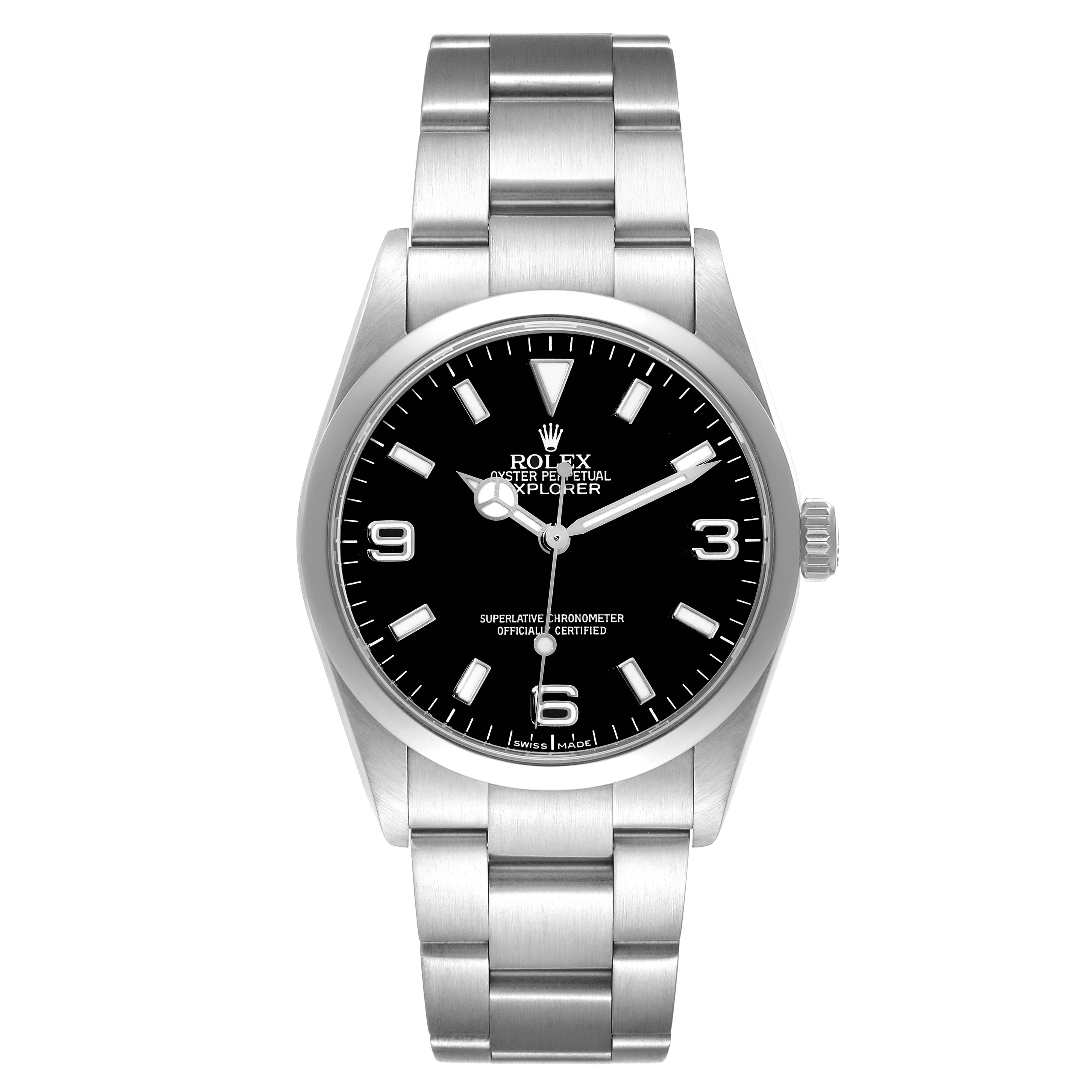 The image shows a front view of the Rolex Explorer 114270 Men
s Stainless Steel Black Dial 114270 Men
s Stainless Steel Black Dial watch, highlighting its black dial, stainless steel bracelet, and silver markers.