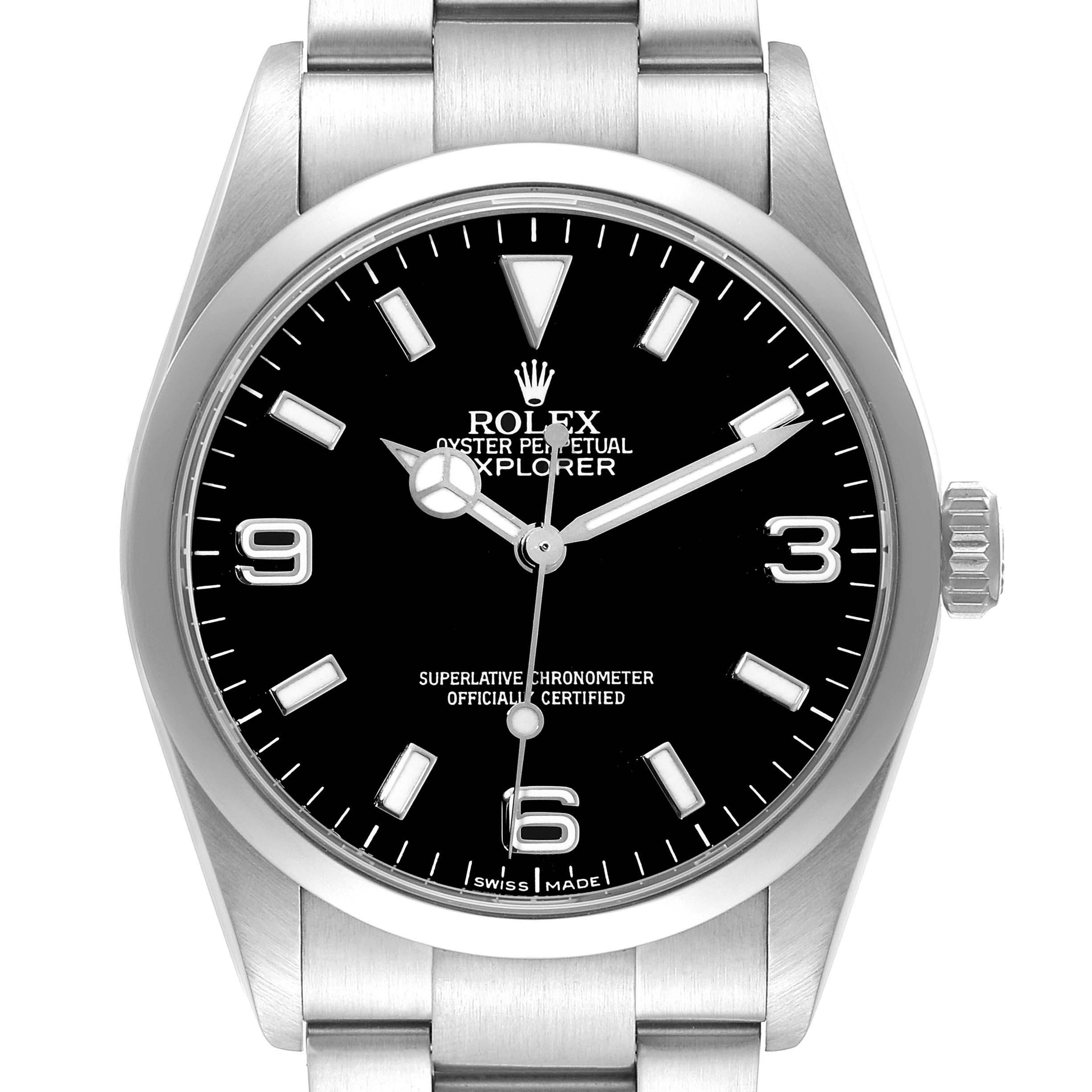 The image shows a frontal view of the Rolex Explorer 114270 Men
s Stainless Steel Black Dial 114270 Men
s Stainless Steel Black Dial watch, highlighting its dial, bezel, bracelet, and crown.