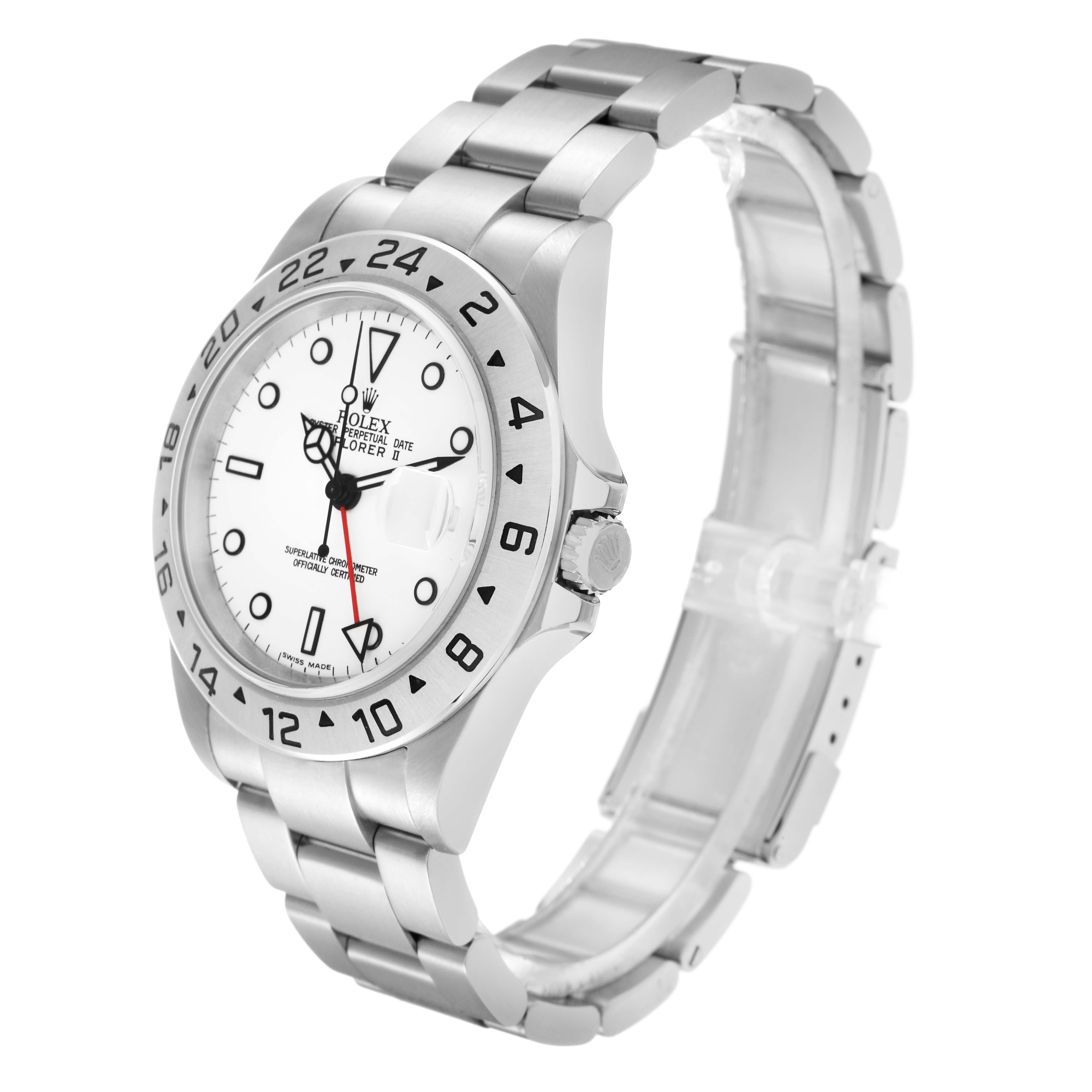 The Rolex Explorer 16570 Men
s Stainless Steel White Dial 16570 Men
s Stainless Steel White Dial watch is shown at a three-quarter angle, displaying the face, bezel, crown, and bracelet.