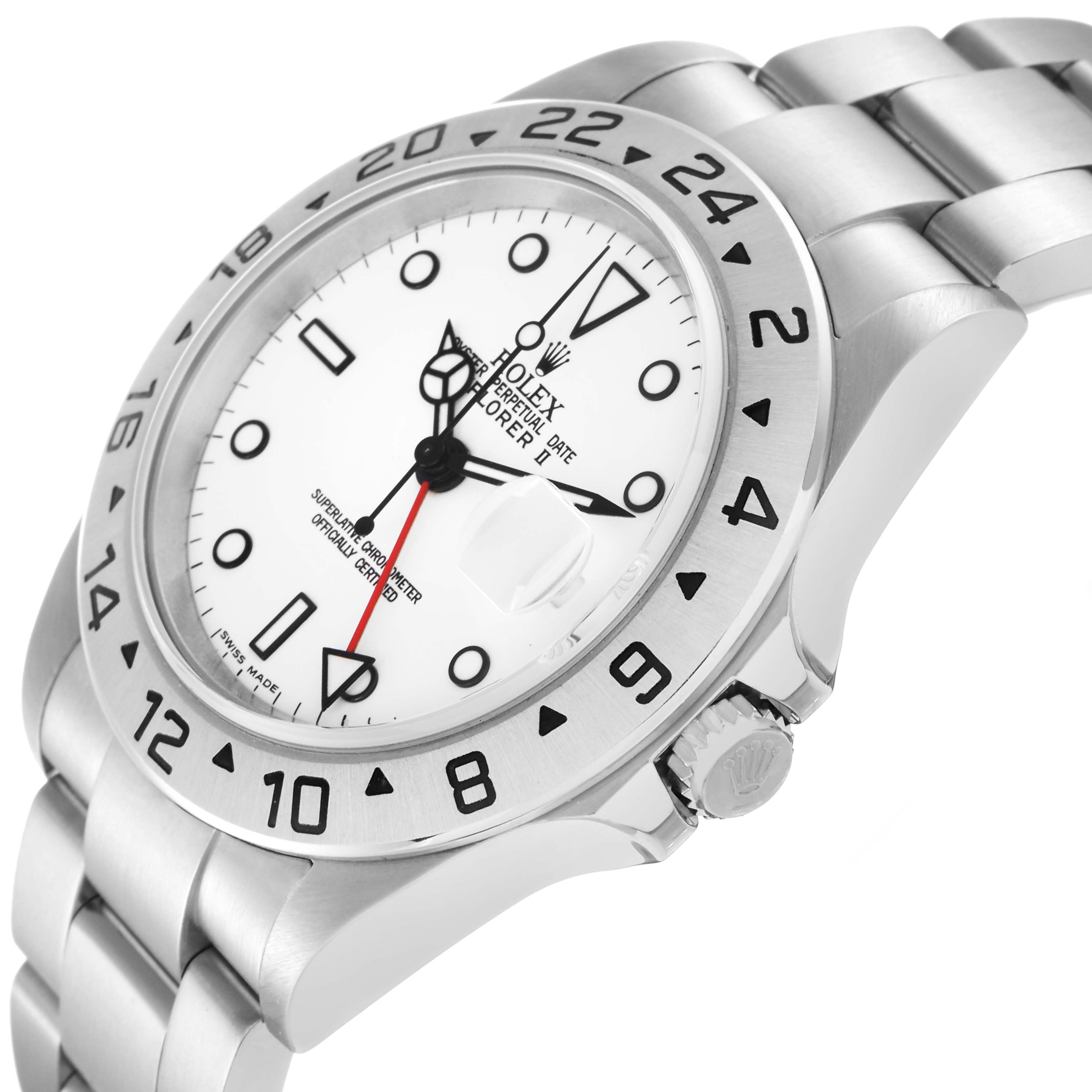 The Rolex Explorer 16570 Men
s Stainless Steel White Dial 16570 Men
s Stainless Steel White Dial is shown at a side angle, highlighting the bezel, dial, and part of the bracelet.