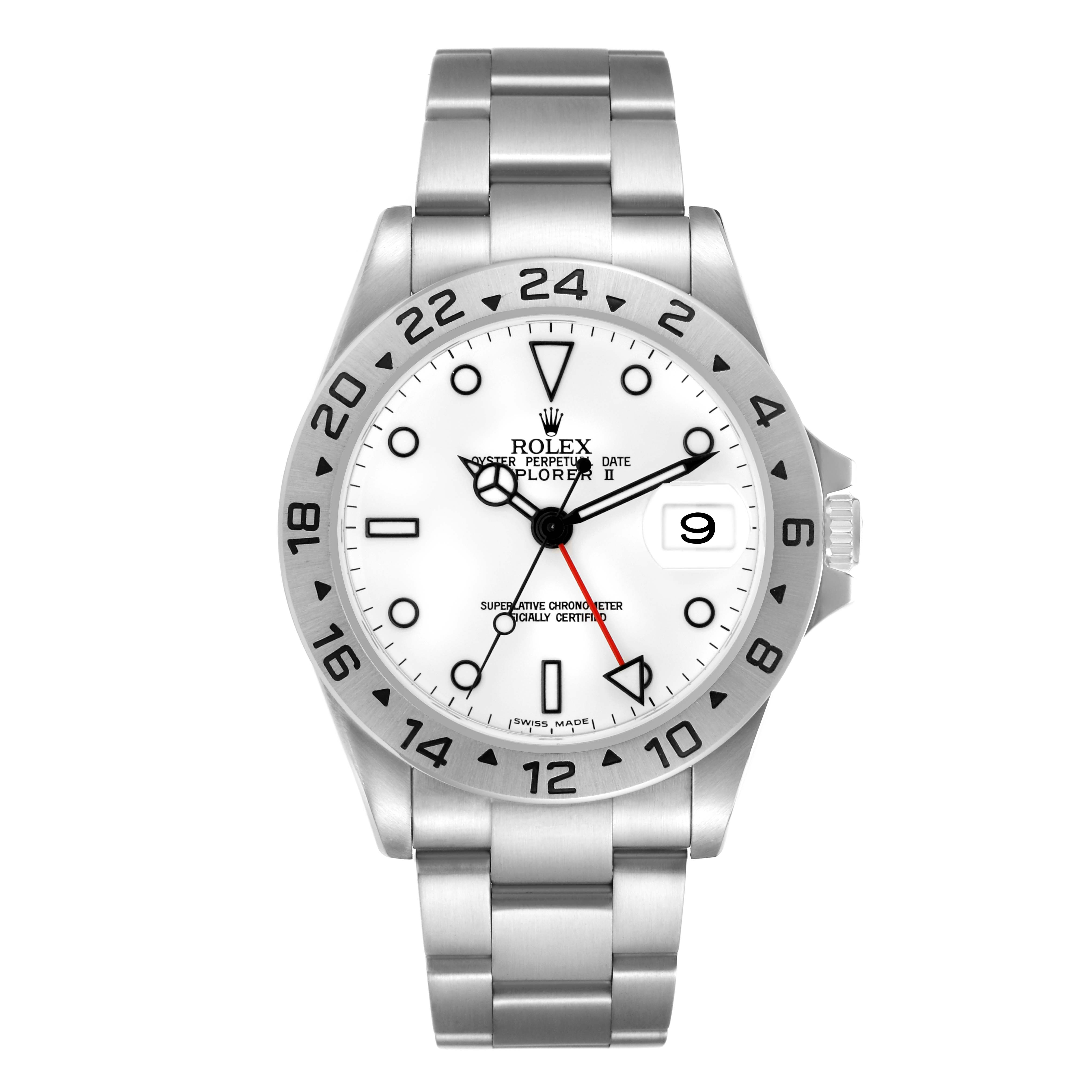 The Rolex Explorer 16570 Men
s Stainless Steel White Dial 16570 Men
s Stainless Steel White Dial watch is shown from a front angle, displaying the face, bezel, bracelet, and crown.