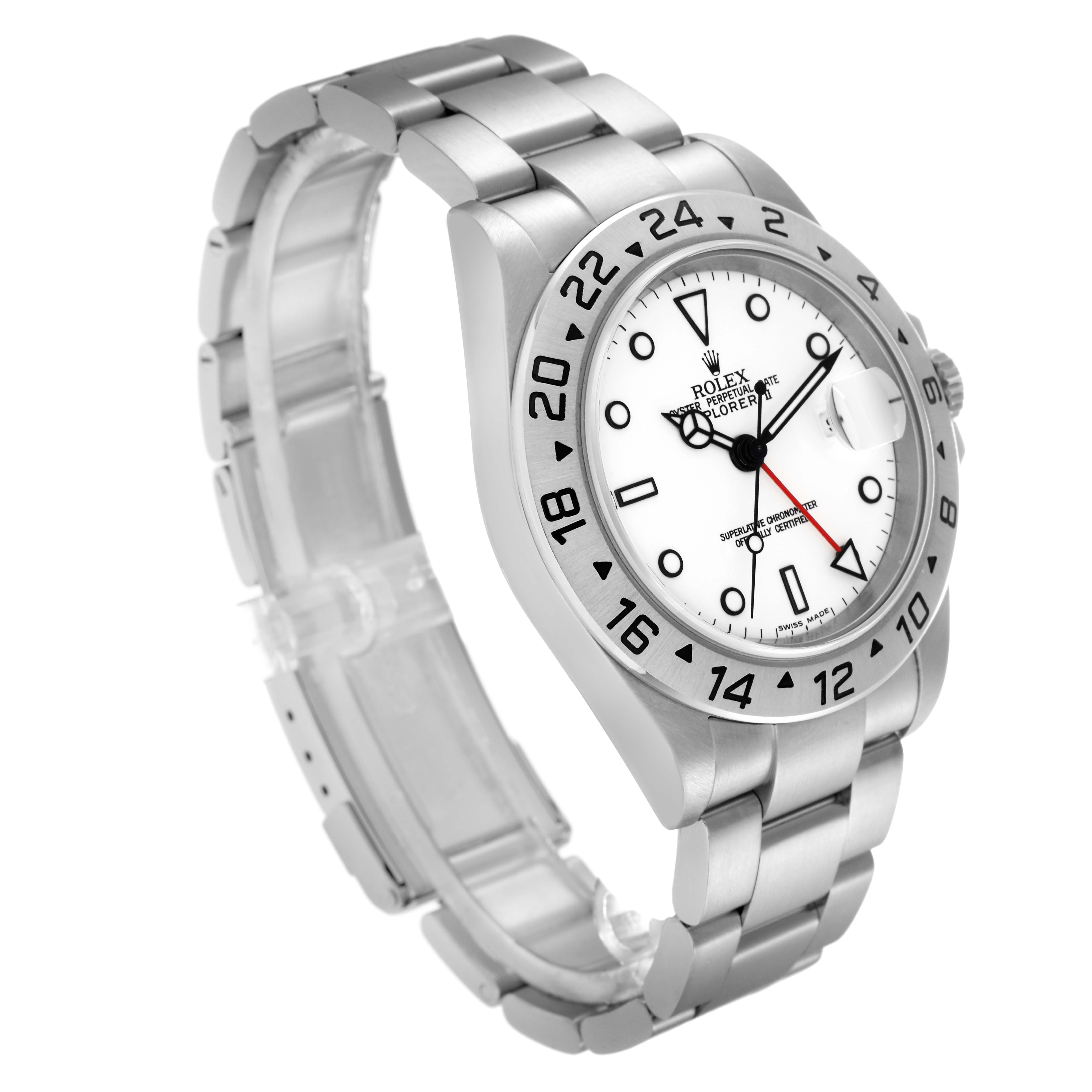 The image shows a side angle view of a Rolex Explorer 16570 Men
s Stainless Steel White Dial 16570 Men
s Stainless Steel White Dial, highlighting the watch face, bezel, and bracelet.