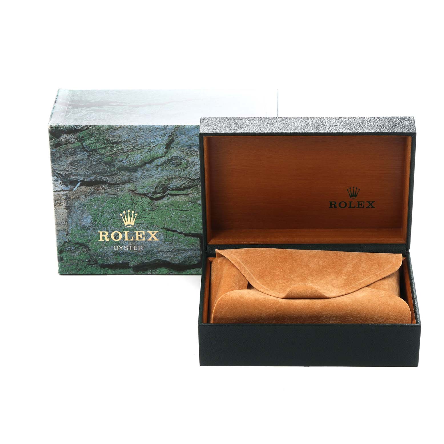 The image shows the packaging for a Rolex Explorer 16570 Men
s Stainless Steel White Dial 16570 Men
s Stainless Steel White Dial, including a green outer box and an open black wooden case.