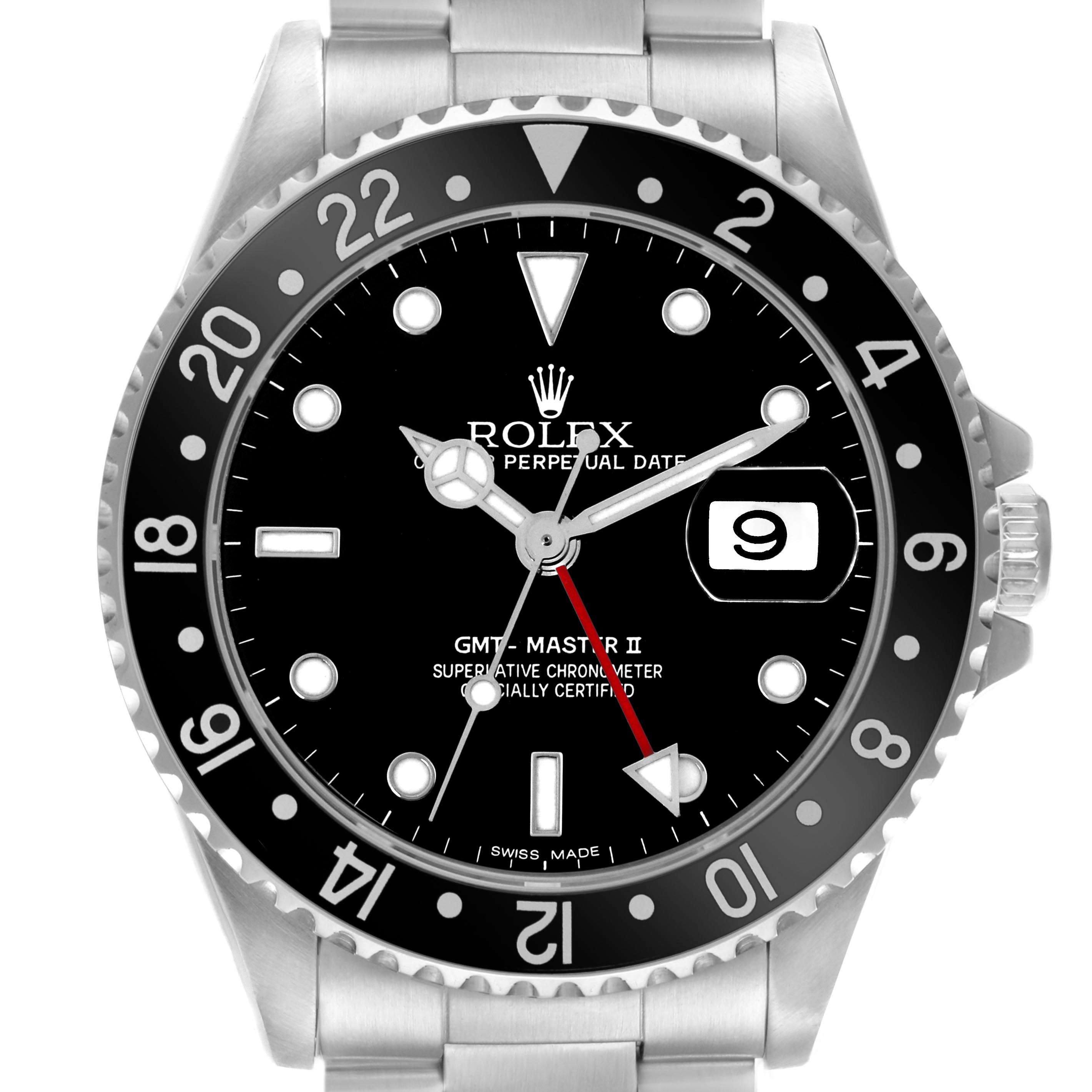 The Rolex GMT-Master 16710 Men
s Stainless Steel Black Dial 16710 Men
s Stainless Steel Black Dial watch is shown from the front, displaying the dial, bezel, and a portion of the bracelet.
