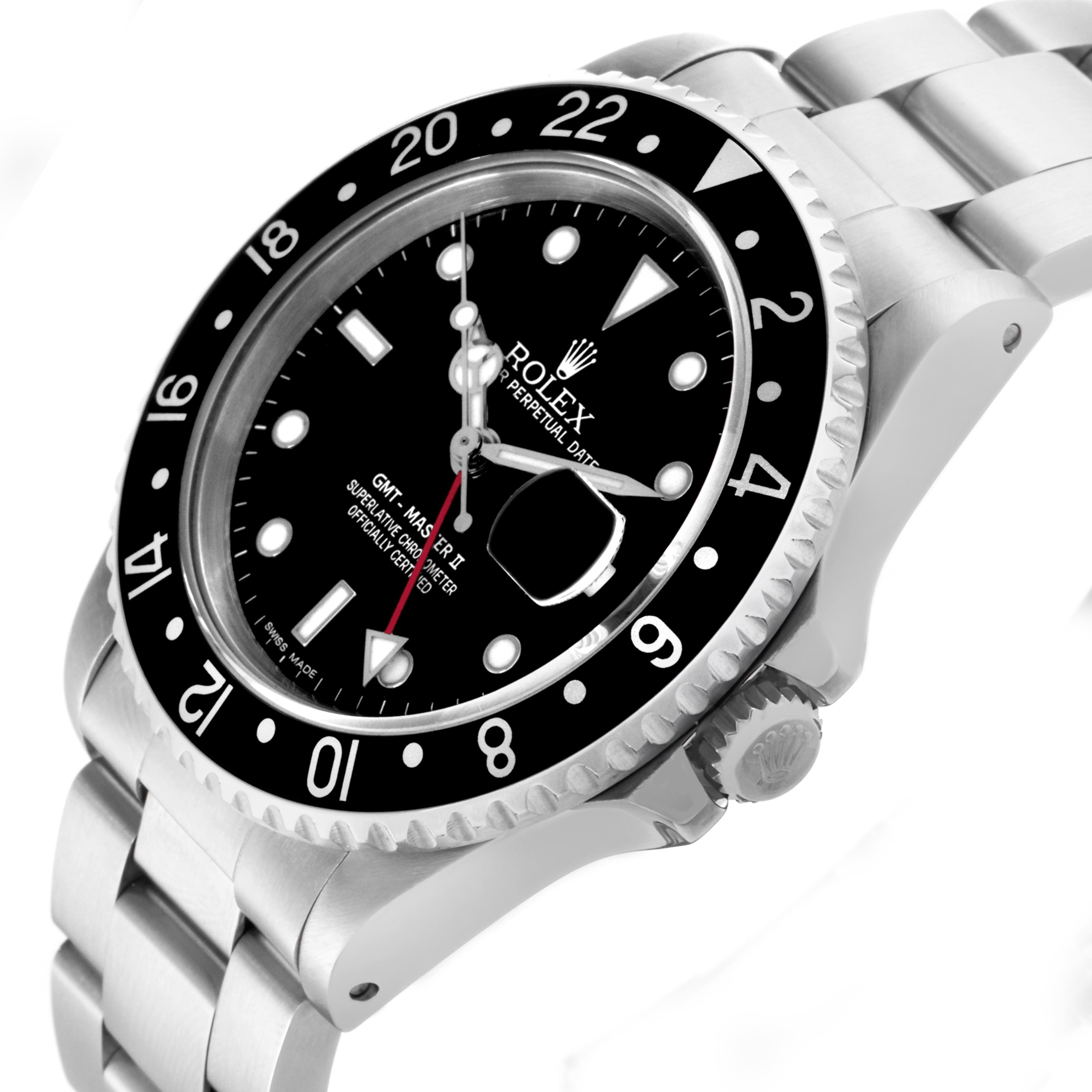 The image shows a Rolex GMT-Master 16710 Men
s Stainless Steel Black Dial 16710 Men
s Stainless Steel Black Dial II watch at an angle highlighting the dial, bezel, case, crown, and bracelet.