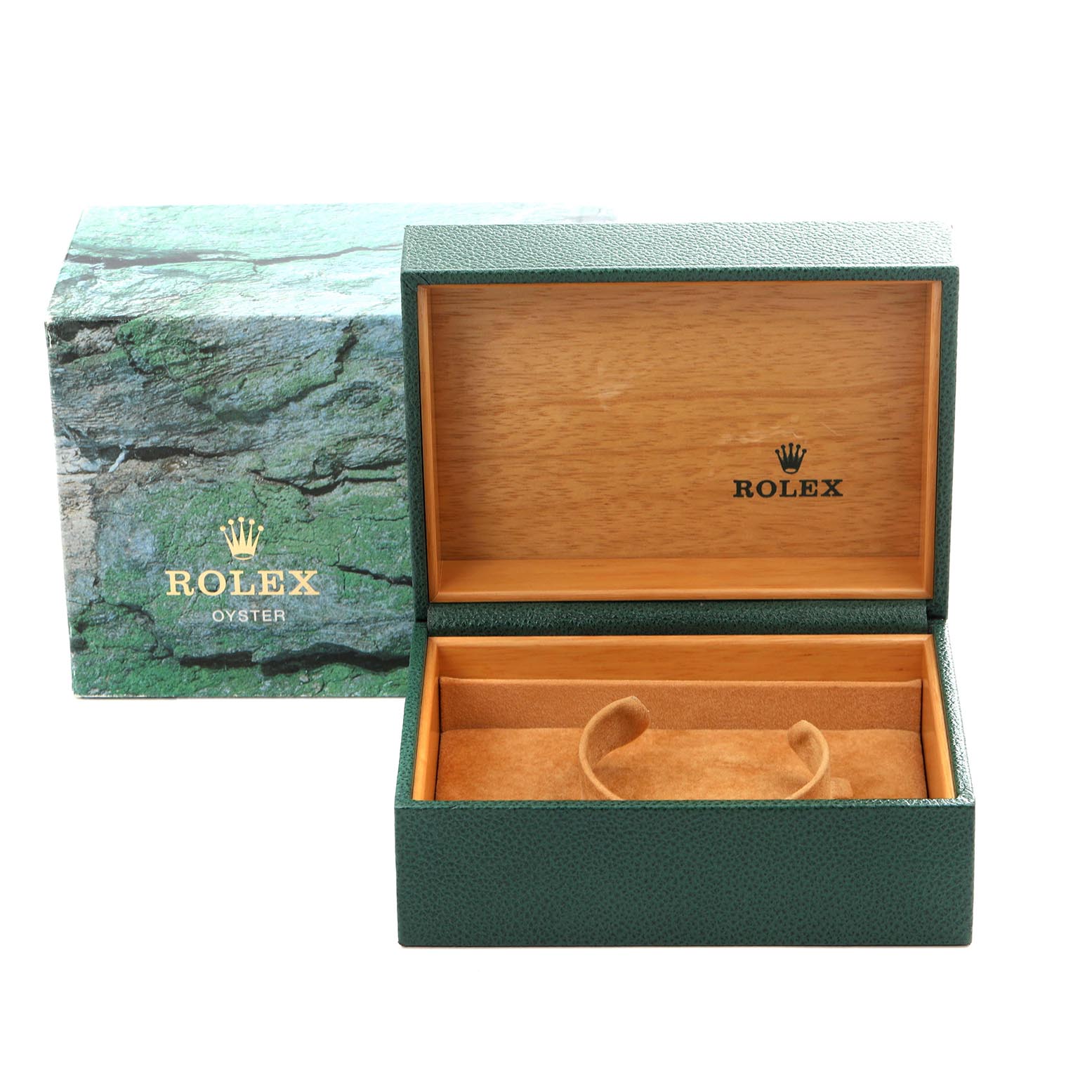 The image shows an open green Rolex box for a GMT-Master, featuring the inner cushion and branded wood interior.