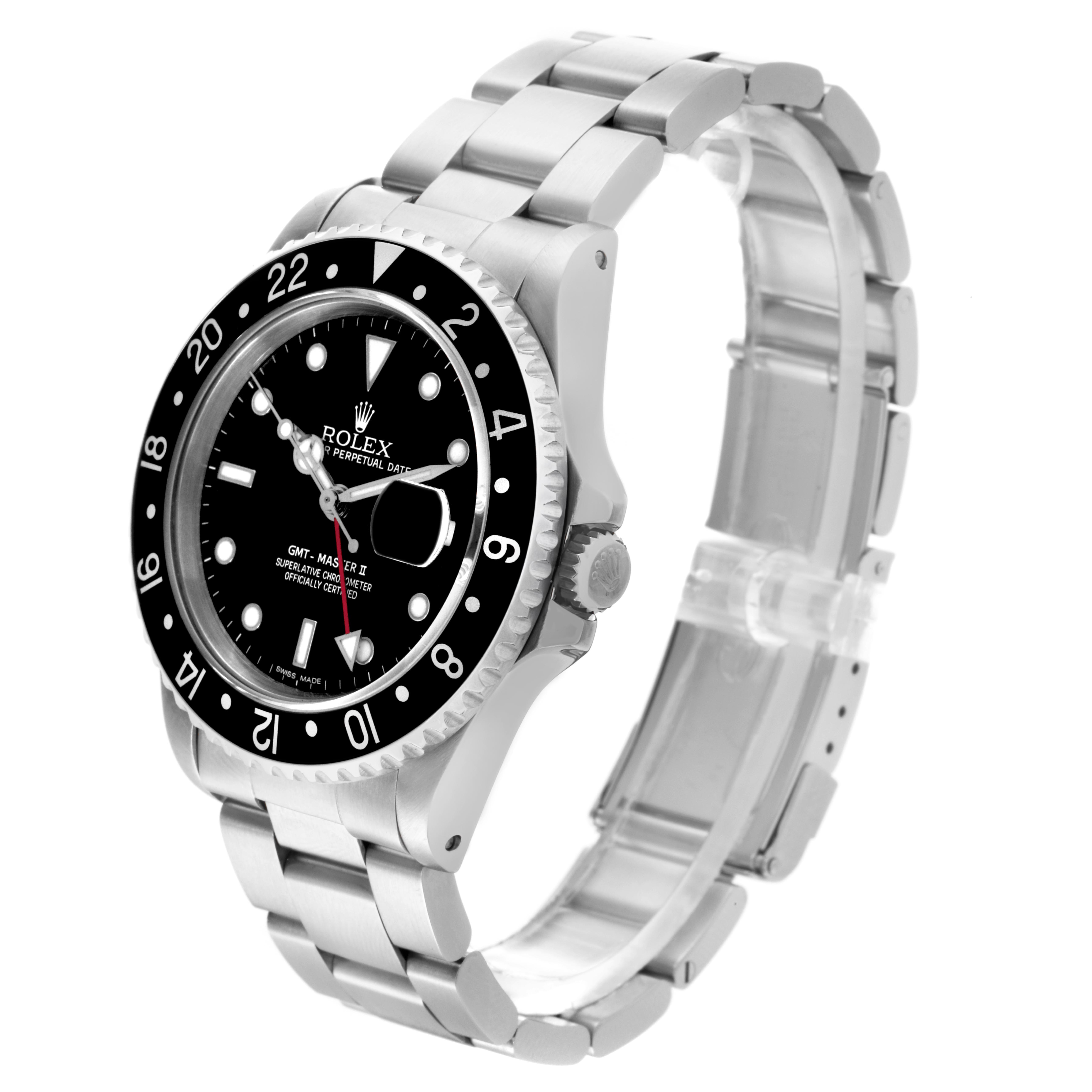 The Rolex GMT-Master 16710 Men
s Stainless Steel Black Dial 16710 Men
s Stainless Steel Black Dial watch is shown at a three-quarter angle, highlighting the face, bezel, case, and bracelet.