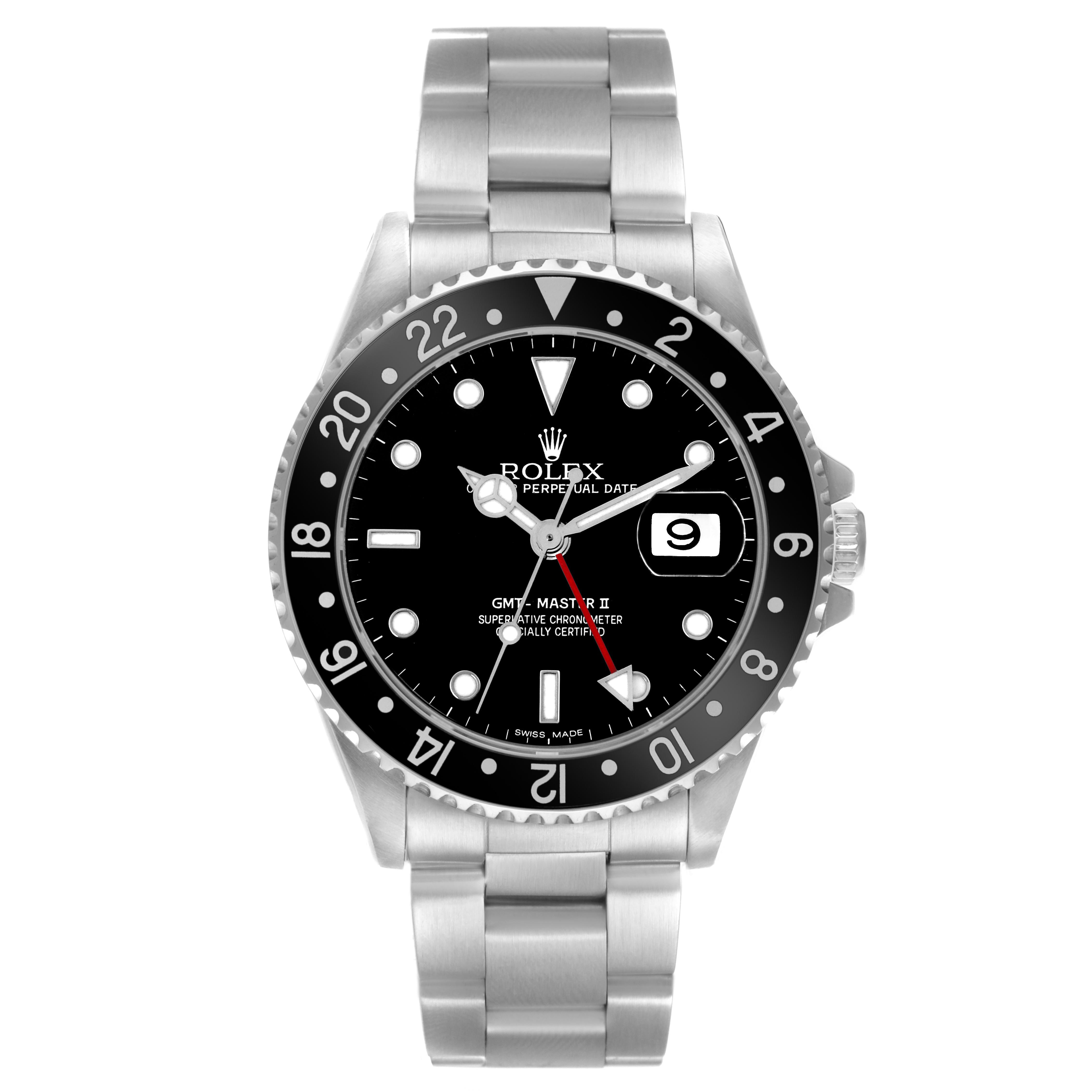 The Rolex GMT-Master 16710 Men
s Stainless Steel Black Dial 16710 Men
s Stainless Steel Black Dial watch is shown from a top-down angle, displaying the face, bezel, and bracelet.