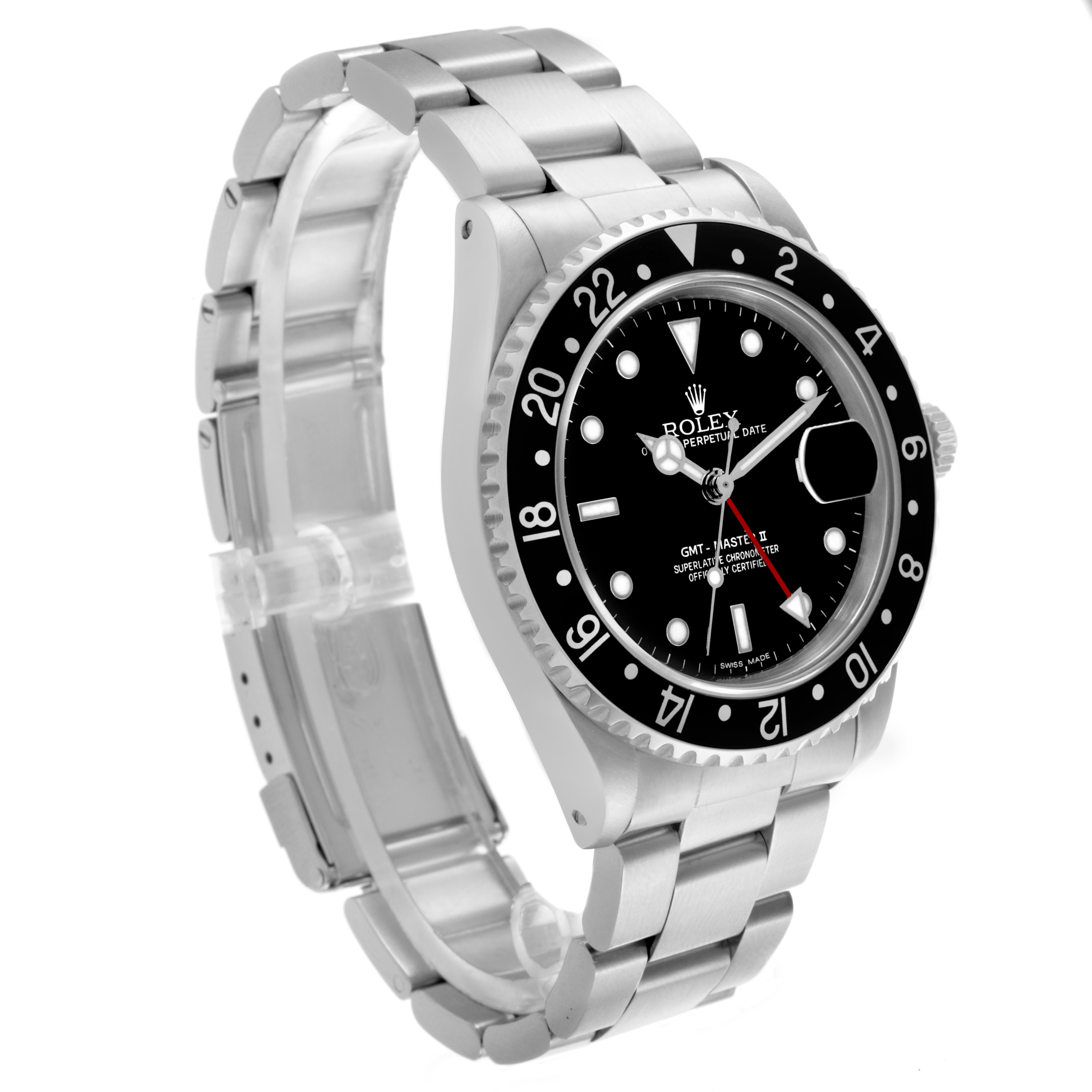 The Rolex GMT-Master 16710 Men
s Stainless Steel Black Dial 16710 Men
s Stainless Steel Black Dial watch is shown at a three-quarter angle, highlighting the face, bezel, and bracelet.