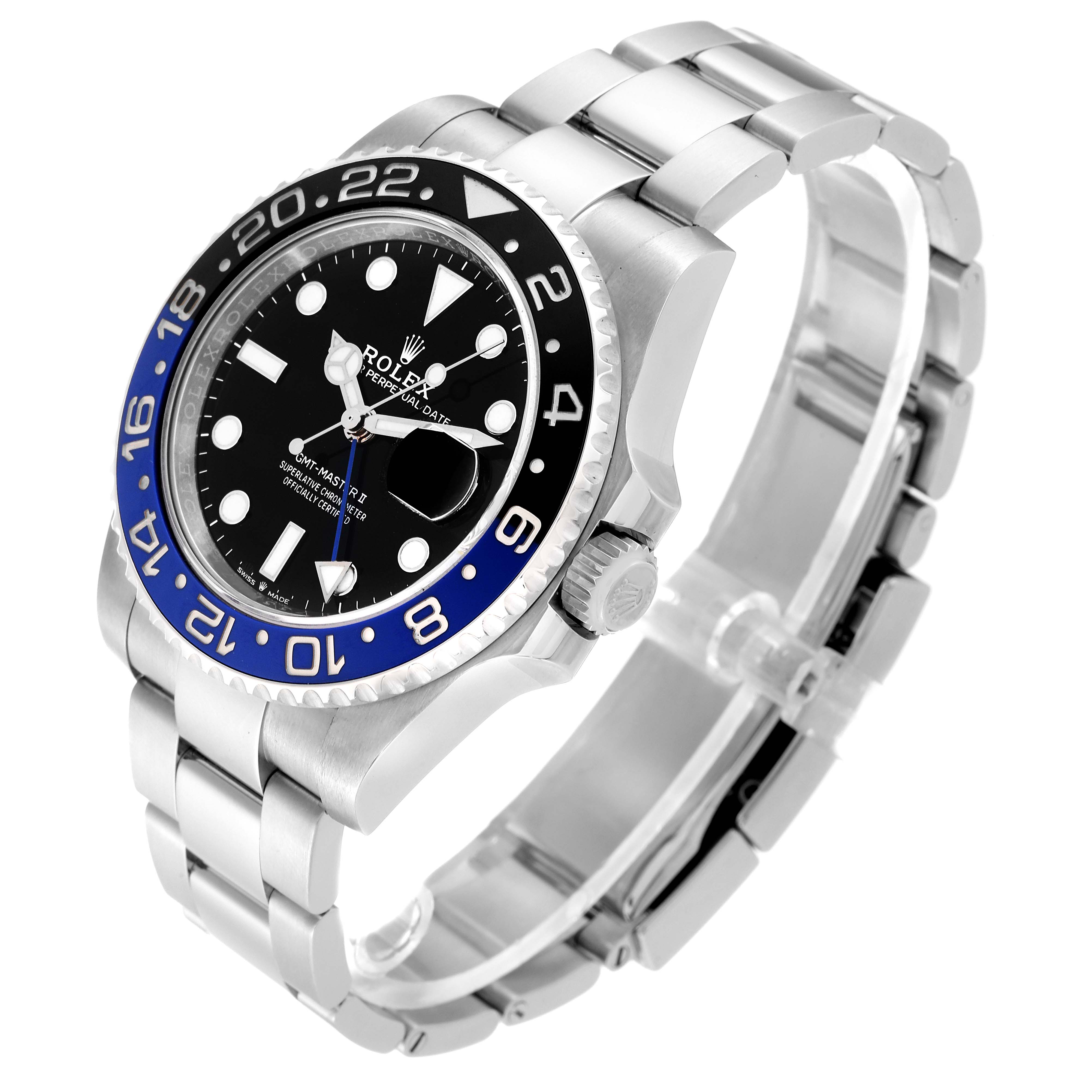 This image shows a Rolex GMT-Master 126710 Men
s Stainless Steel Black Dial 126710 Men
s Stainless Steel Black Dial II watch, angled to showcase its face, bezel, crown, and bracelet.