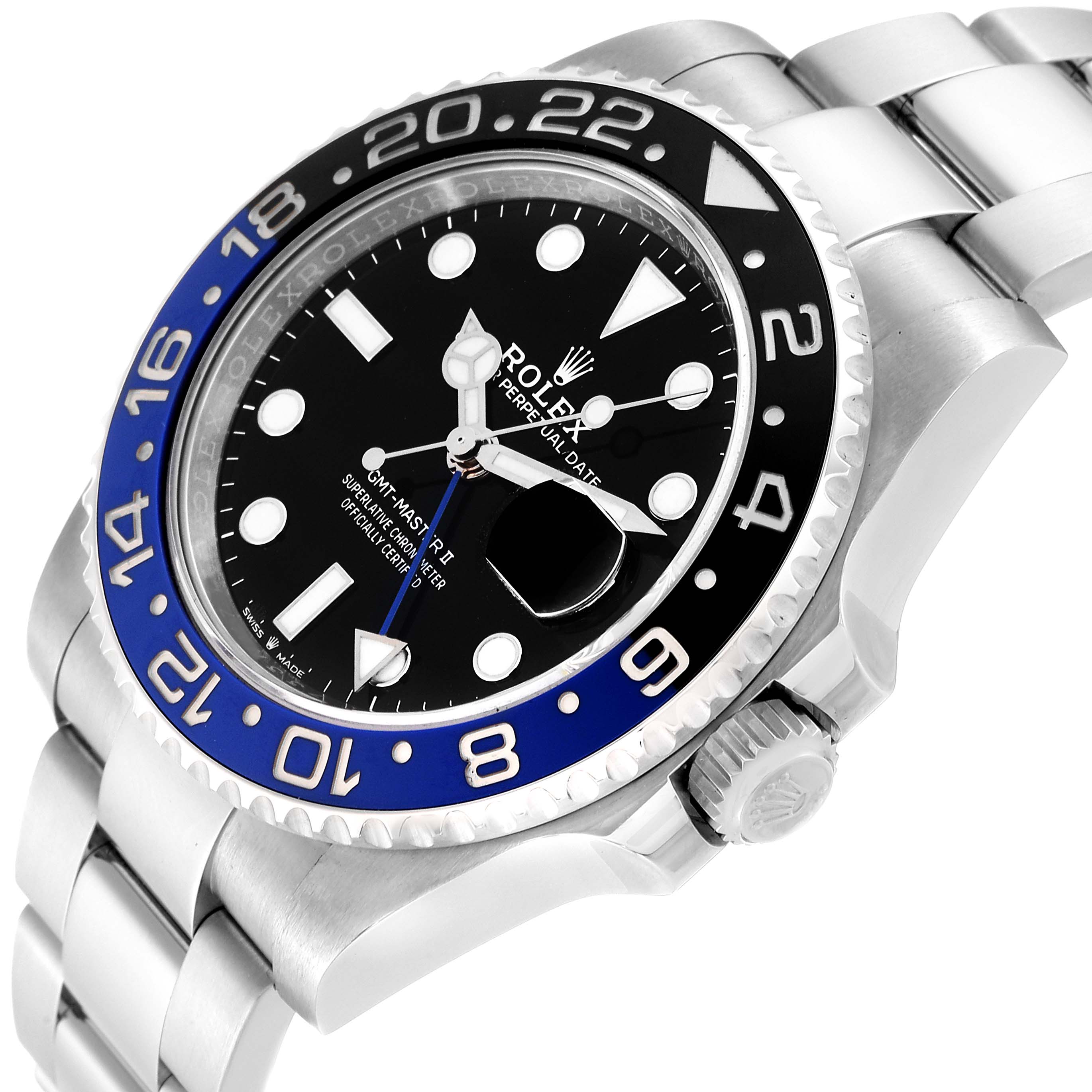 The image shows a Rolex GMT-Master 126710 Men
s Stainless Steel Black Dial 126710 Men
s Stainless Steel Black Dial watch from an angled view, highlighting the watch face, bezel, and part of the bracelet.