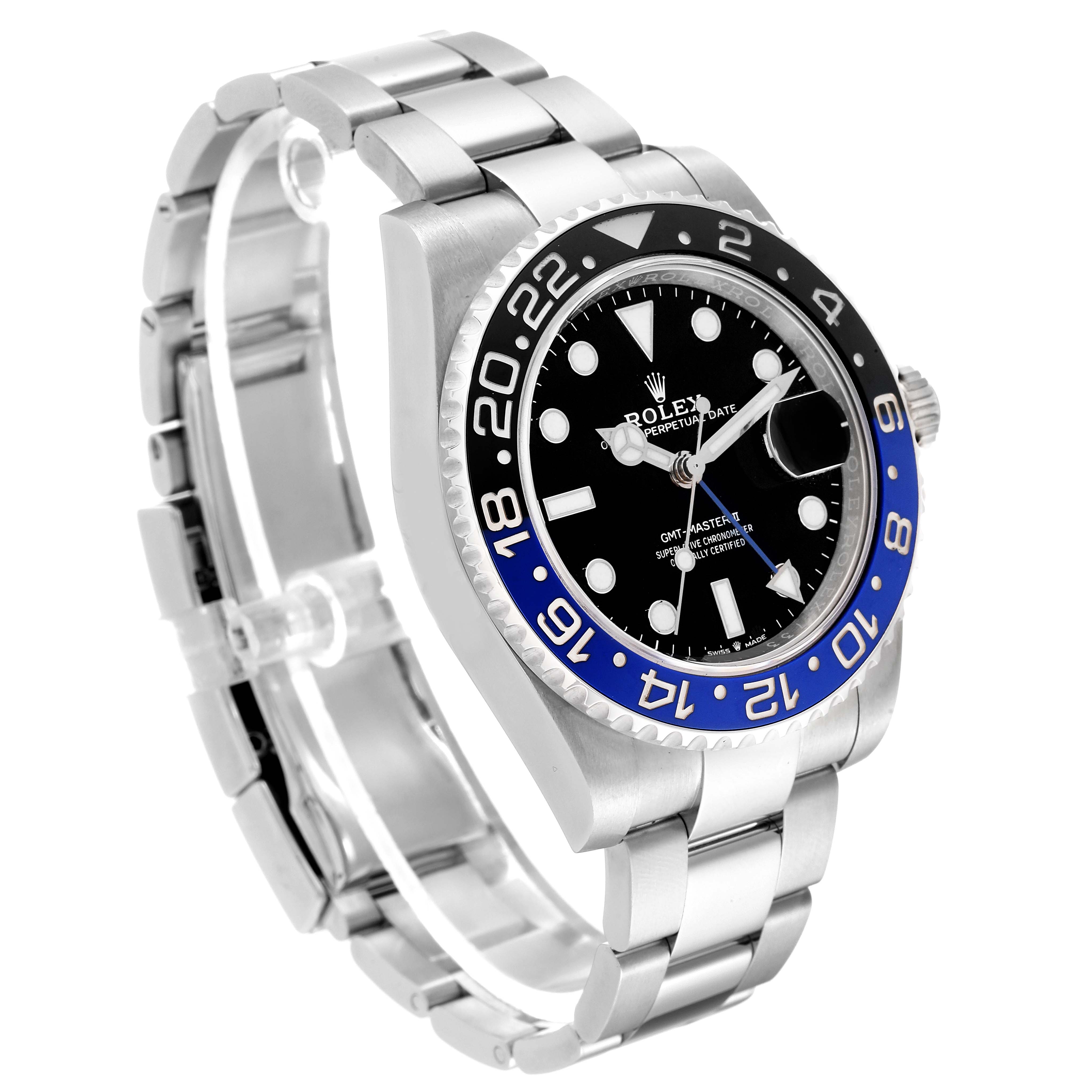 The Rolex GMT-Master 126710 Men
s Stainless Steel Black Dial 126710 Men
s Stainless Steel Black Dial watch is displayed at a 3/4 angle, showing its face, bezel, and metal bracelet.