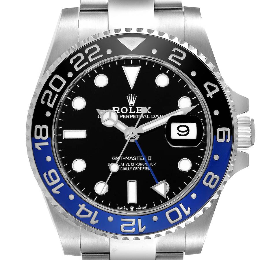 The Rolex GMT-Master II watch is shown in a front view, displaying the dial, bezel, and stainless steel case.