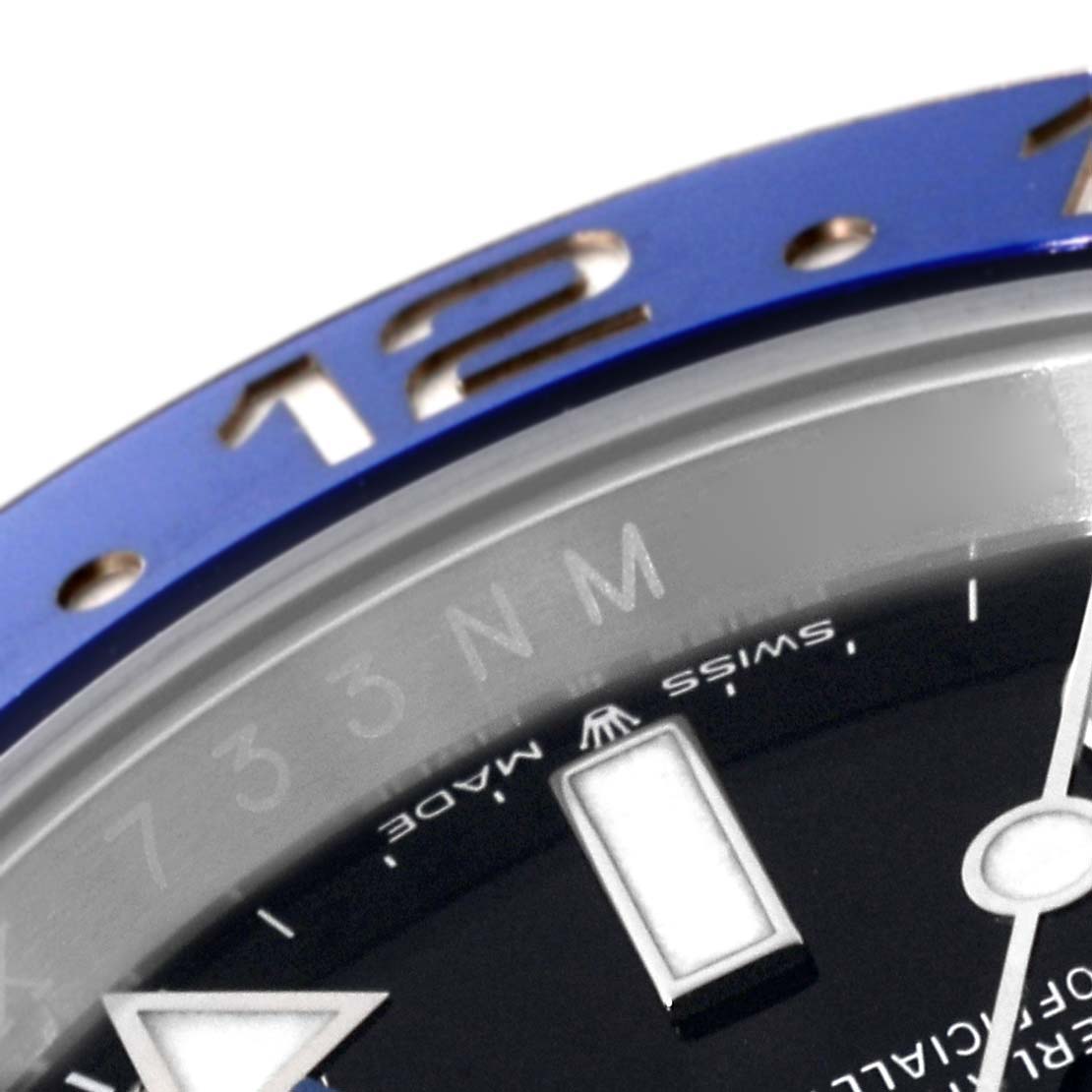 The image shows a close-up of the bezel, part of the dial, and some markings of a Rolex GMT-Master 126710 Men
s Stainless Steel Black Dial 126710 Men
s Stainless Steel Black Dial watch.