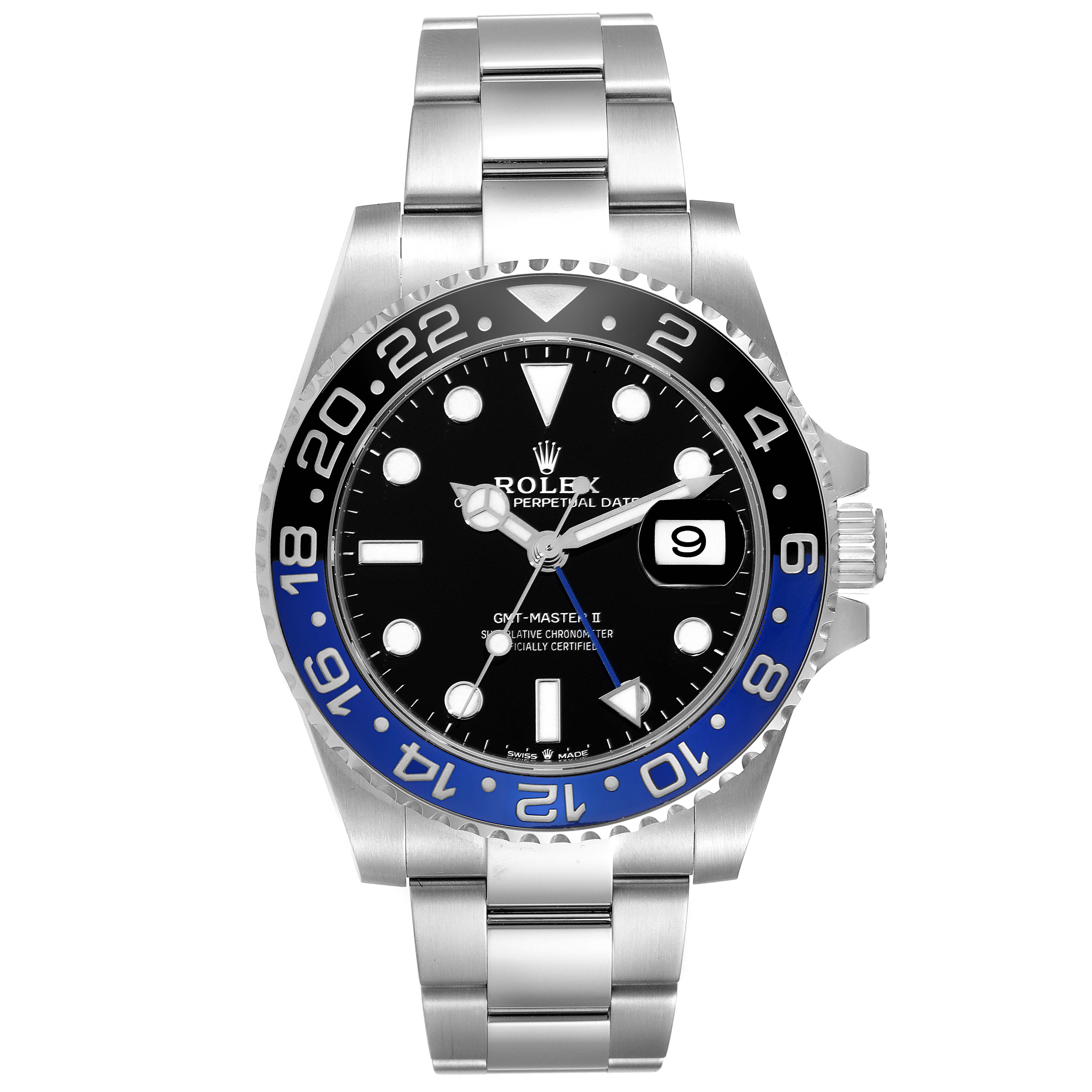 This image shows a front angle of the Rolex GMT-Master 126710 Men
s Stainless Steel Black Dial 126710 Men
s Stainless Steel Black Dial watch, displaying its dial, bezel, crown, and bracelet.