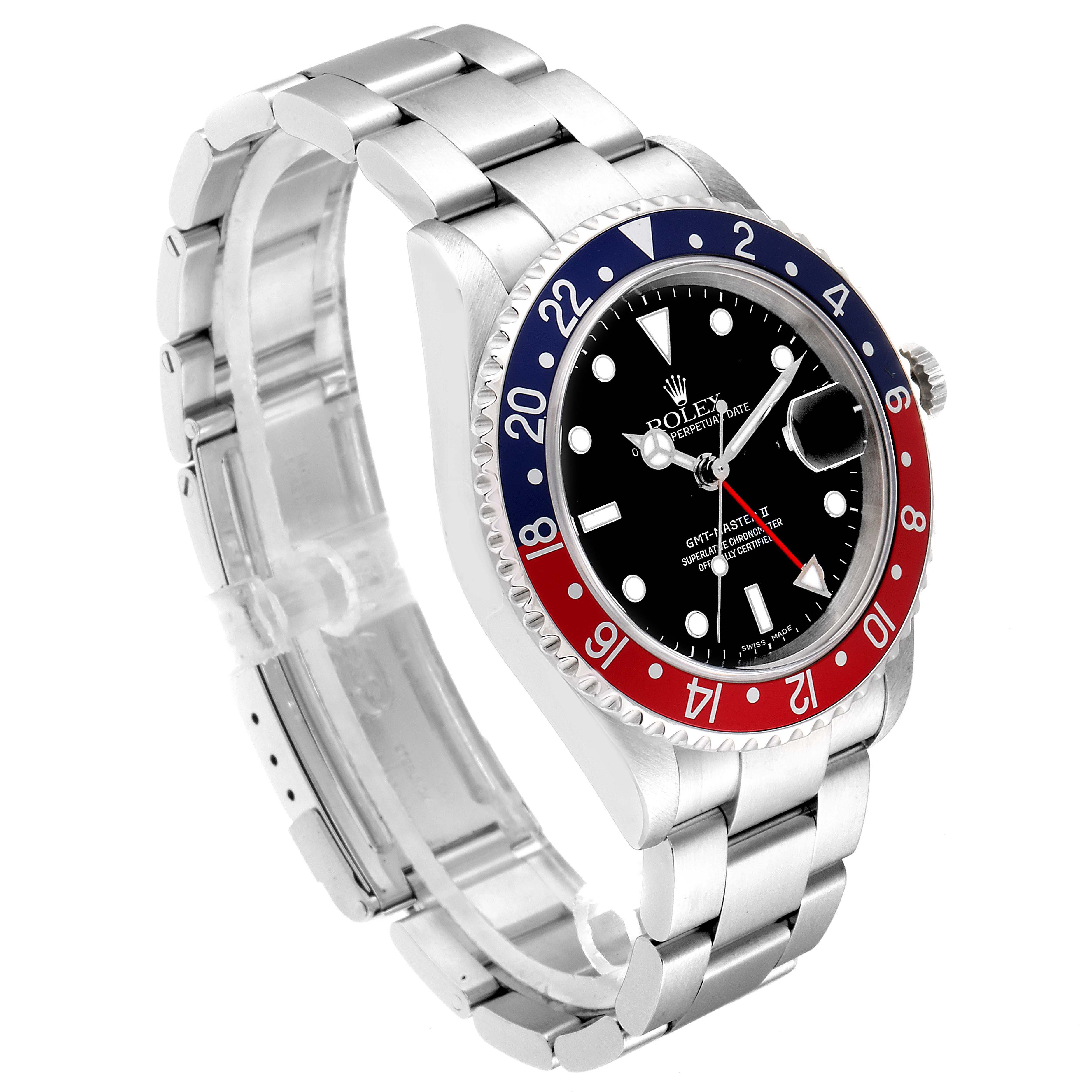 The Rolex GMT-Master 16710 Men's Stainless Steel Black Dial 16710 Men's Stainless Steel Black Dial watch is shown at a three-quarter angle, highlighting the bezel, dial, and bracelet.
