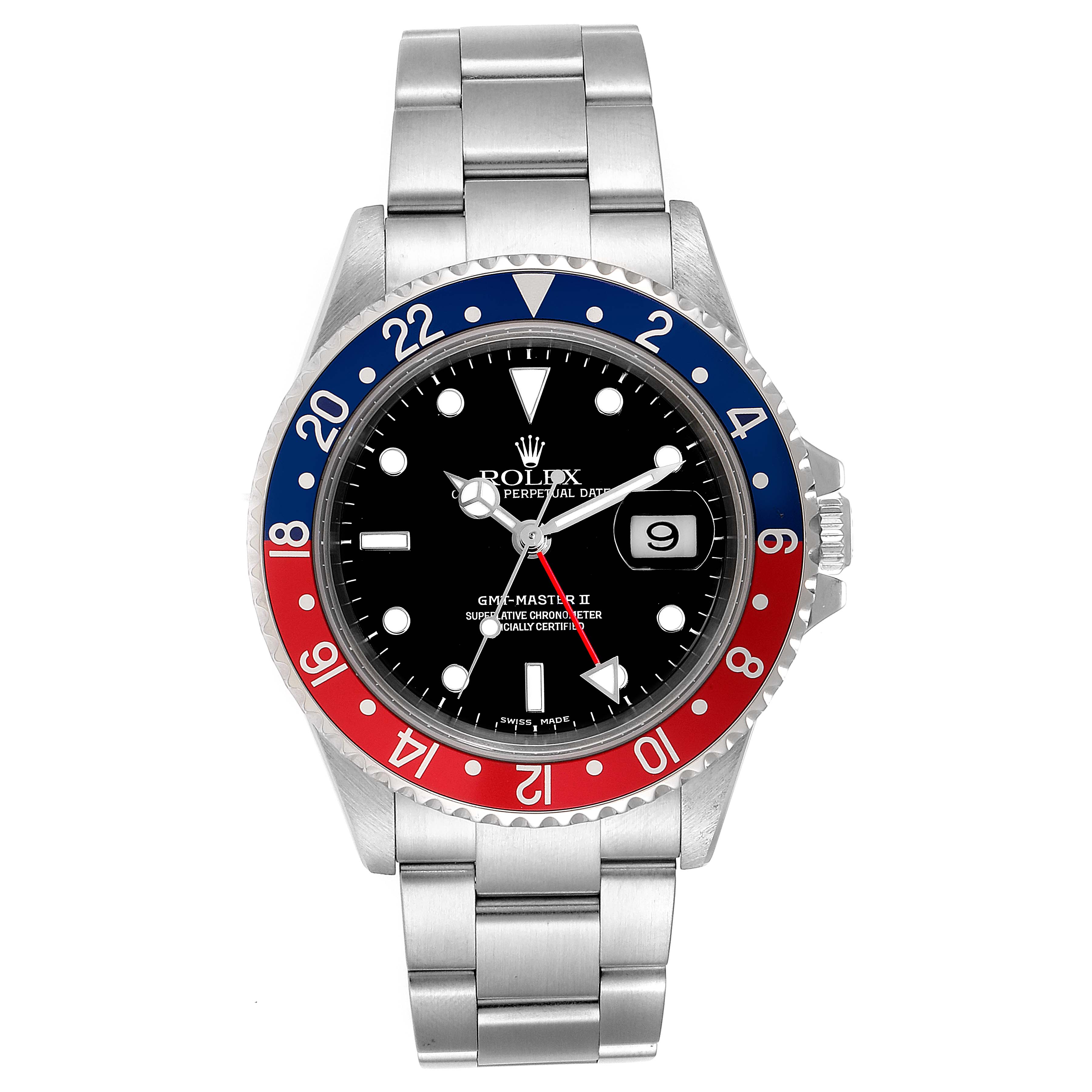 The image shows a front view of the Rolex GMT-Master 16710 Men's Stainless Steel Black Dial 16710 Men's Stainless Steel Black Dial II watch, displaying its bezel, dial, hands, and bracelet.