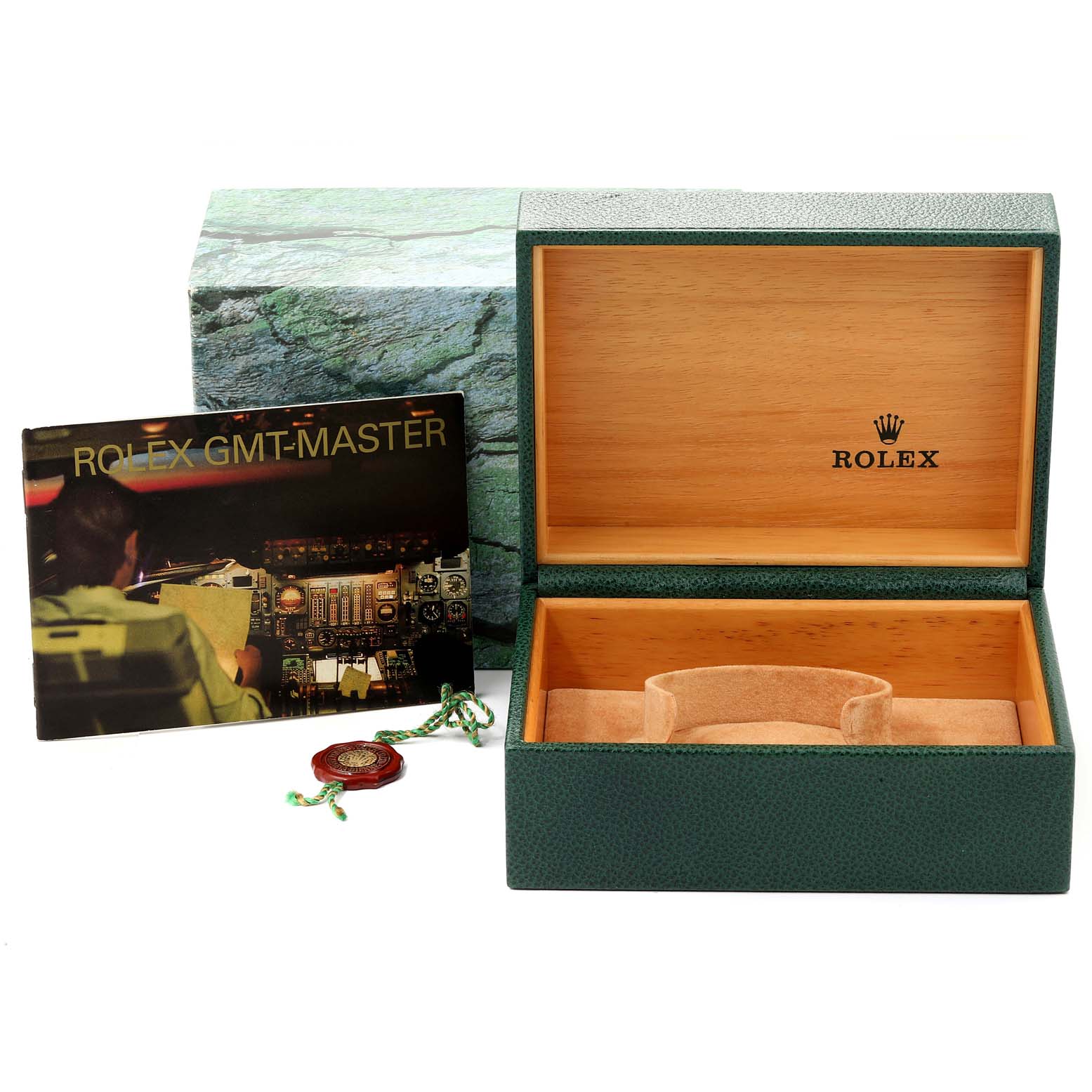 The image shows a Rolex GMT-Master 16710 Men's Stainless Steel Black Dial 16710 Men's Stainless Steel Black Dial watch box, manual, and tag from a front angle.