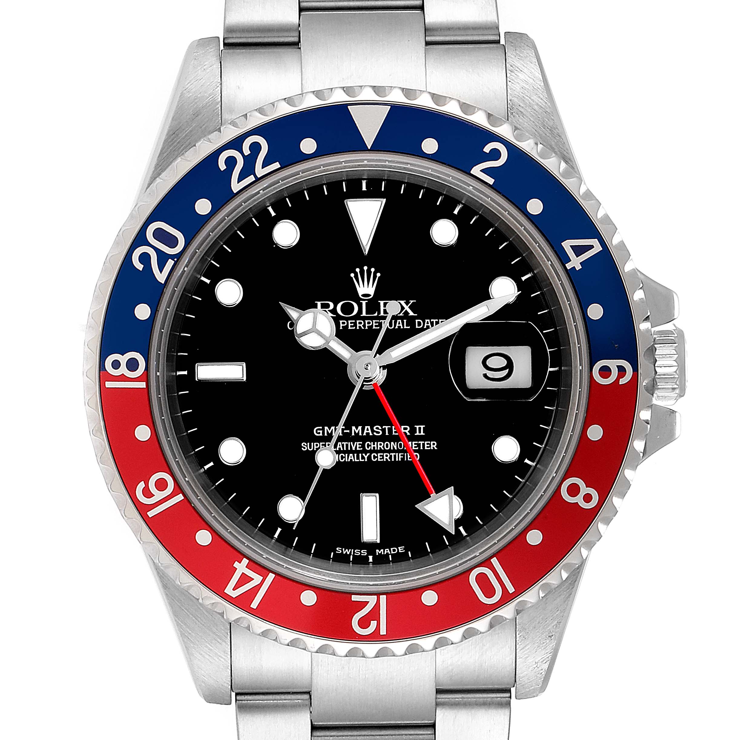 The image shows a frontal view of a Rolex GMT-Master 16710 Men's Stainless Steel Black Dial 16710 Men's Stainless Steel Black Dial II watch, displaying the bezel, dial, hands, and bracelet.