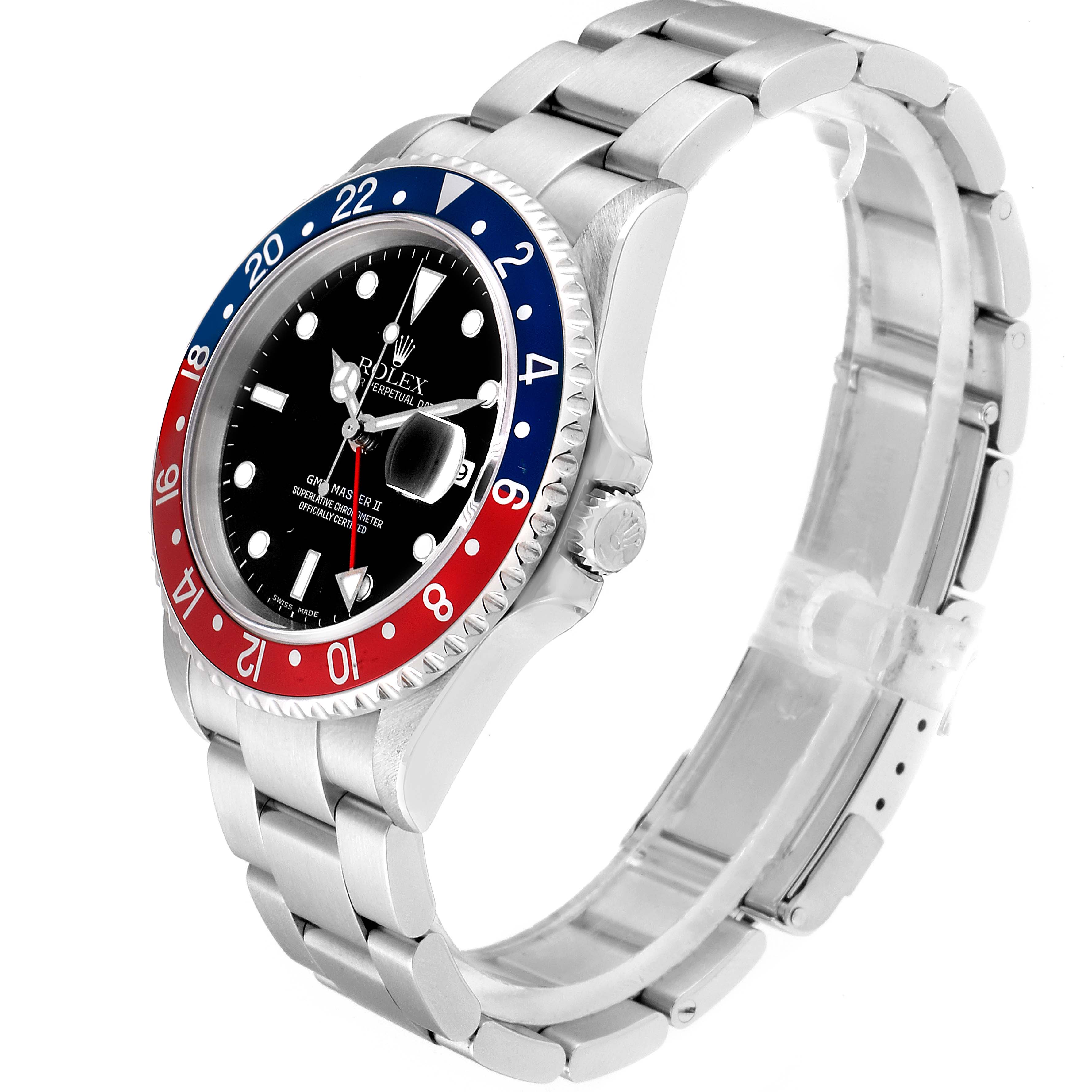 The Rolex GMT-Master 16710 Men's Stainless Steel Black Dial 16710 Men's Stainless Steel Black Dial watch is viewed from an angle showcasing its bezel, crown, dial, and bracelet.