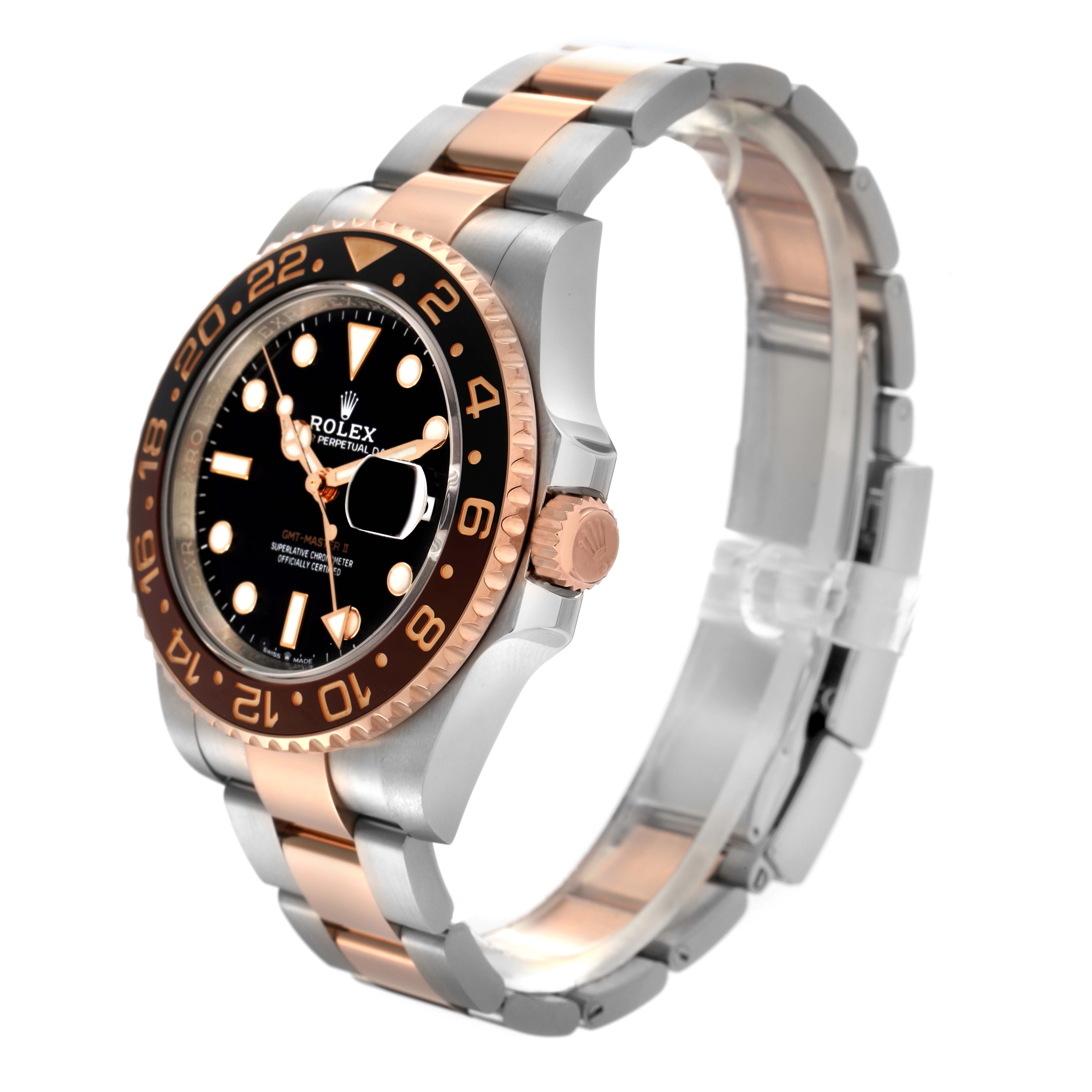 The Rolex GMT-Master 126711 Men's Steel and Gold (two tone) Black Dial 126711 Men's Steel and Gold (two tone) Black Dial watch is shown at a three-quarter angle, displaying the bezel, dial, case, and bracelet.