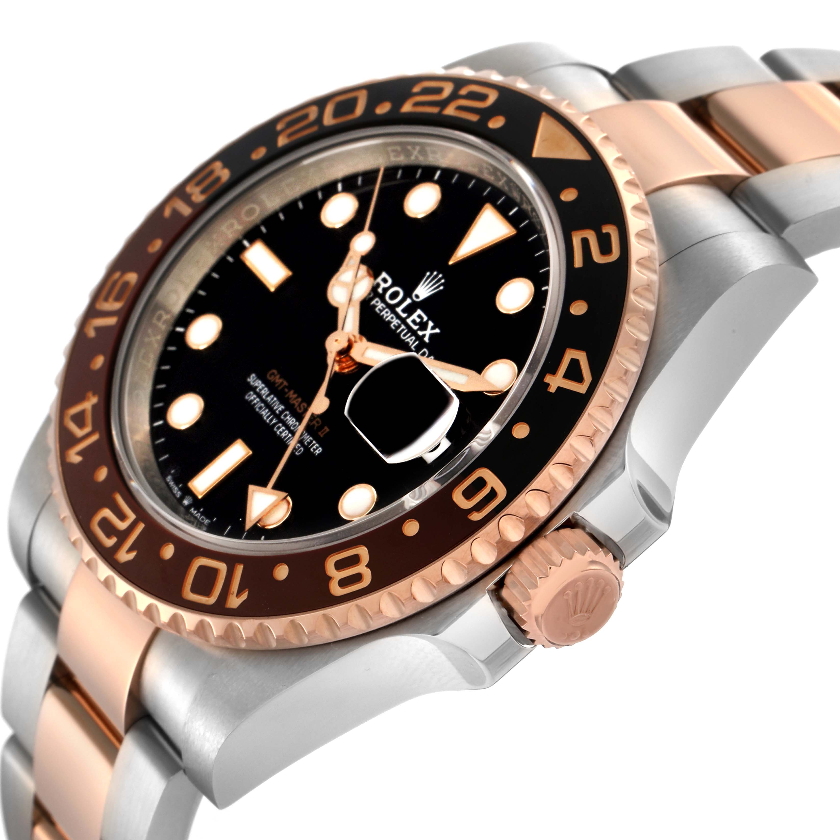 The Rolex GMT-Master 126711 Men's Steel and Gold (two tone) Black Dial 126711 Men's Steel and Gold (two tone) Black Dial watch is shown from an angled side view, highlighting the bezel, crown, and bracelet.