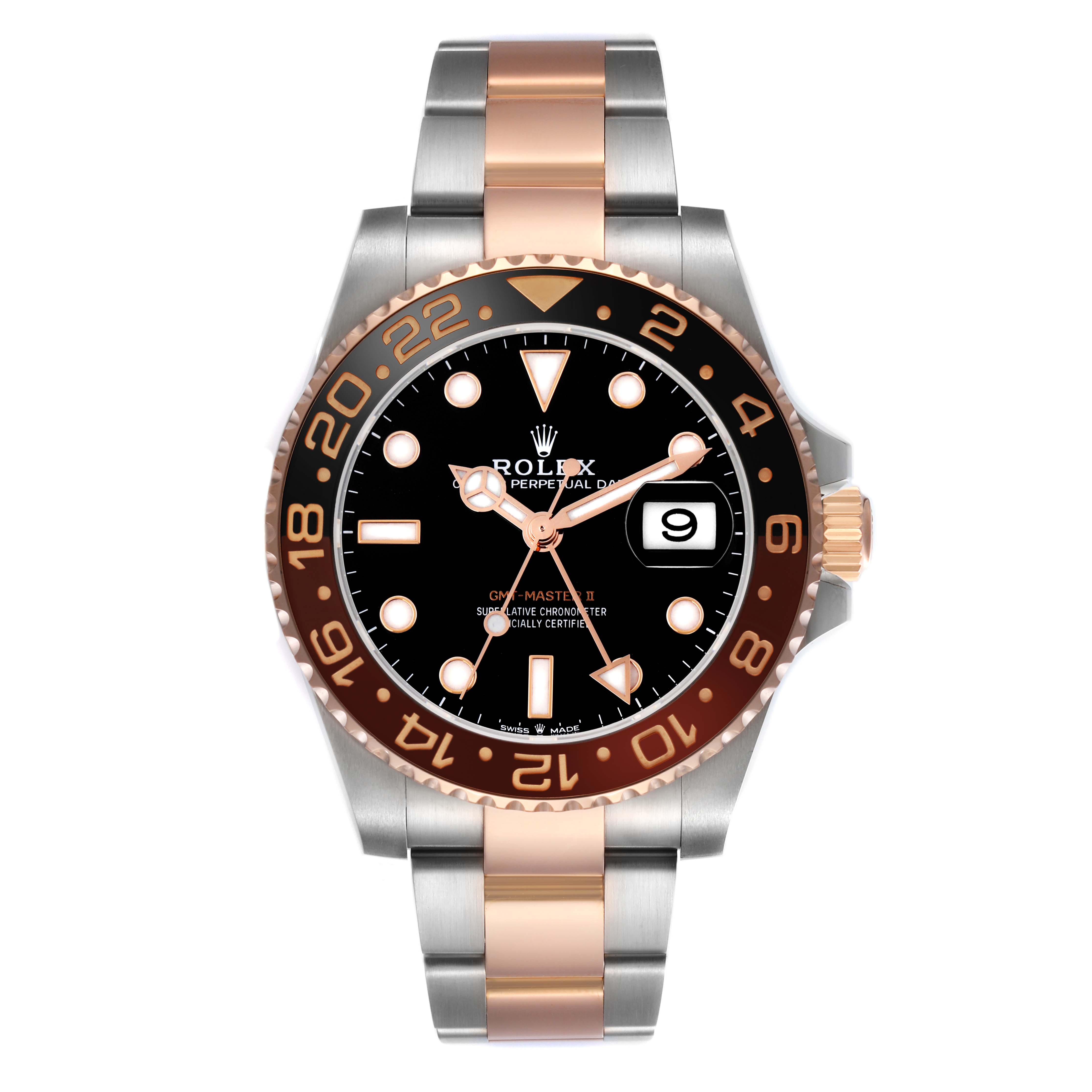 The image shows a front view of a Rolex GMT-Master 126711 Men's Steel and Gold (two tone) Black Dial 126711 Men's Steel and Gold (two tone) Black Dial II, highlighting the dial, hands, bezel, and bracelet.