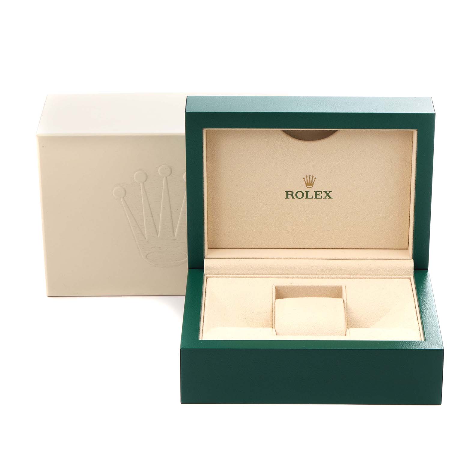 The image shows an open Rolex watch box for the GMT-Master model, featuring a green exterior and cream interior with the logo.