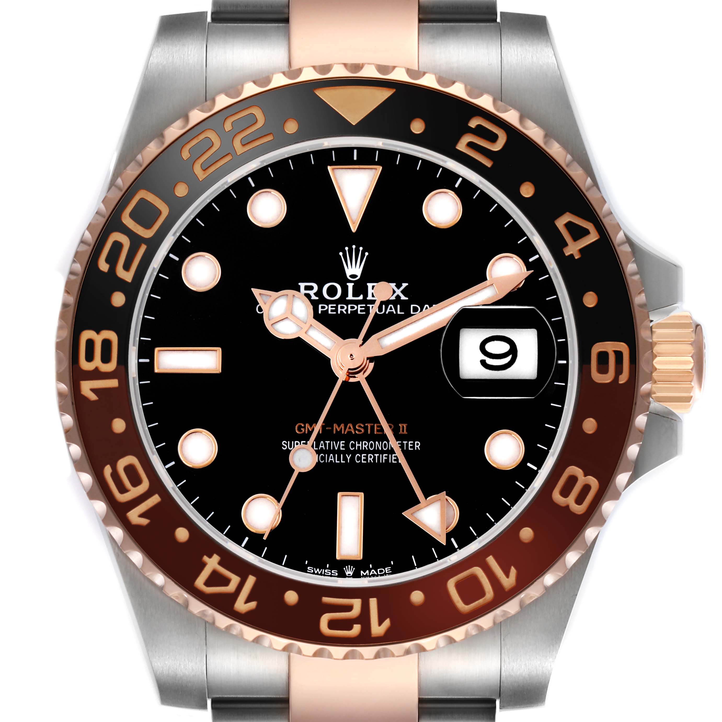 The image shows a frontal view of the Rolex GMT-Master 126711 Men's Steel and Gold (two tone) Black Dial 126711 Men's Steel and Gold (two tone) Black Dial II, highlighting the bezel, dial, and crown.