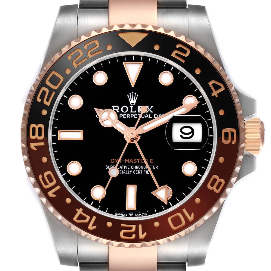 The image shows a frontal view of the Rolex GMT-Master II, highlighting the bezel, dial, and crown.
