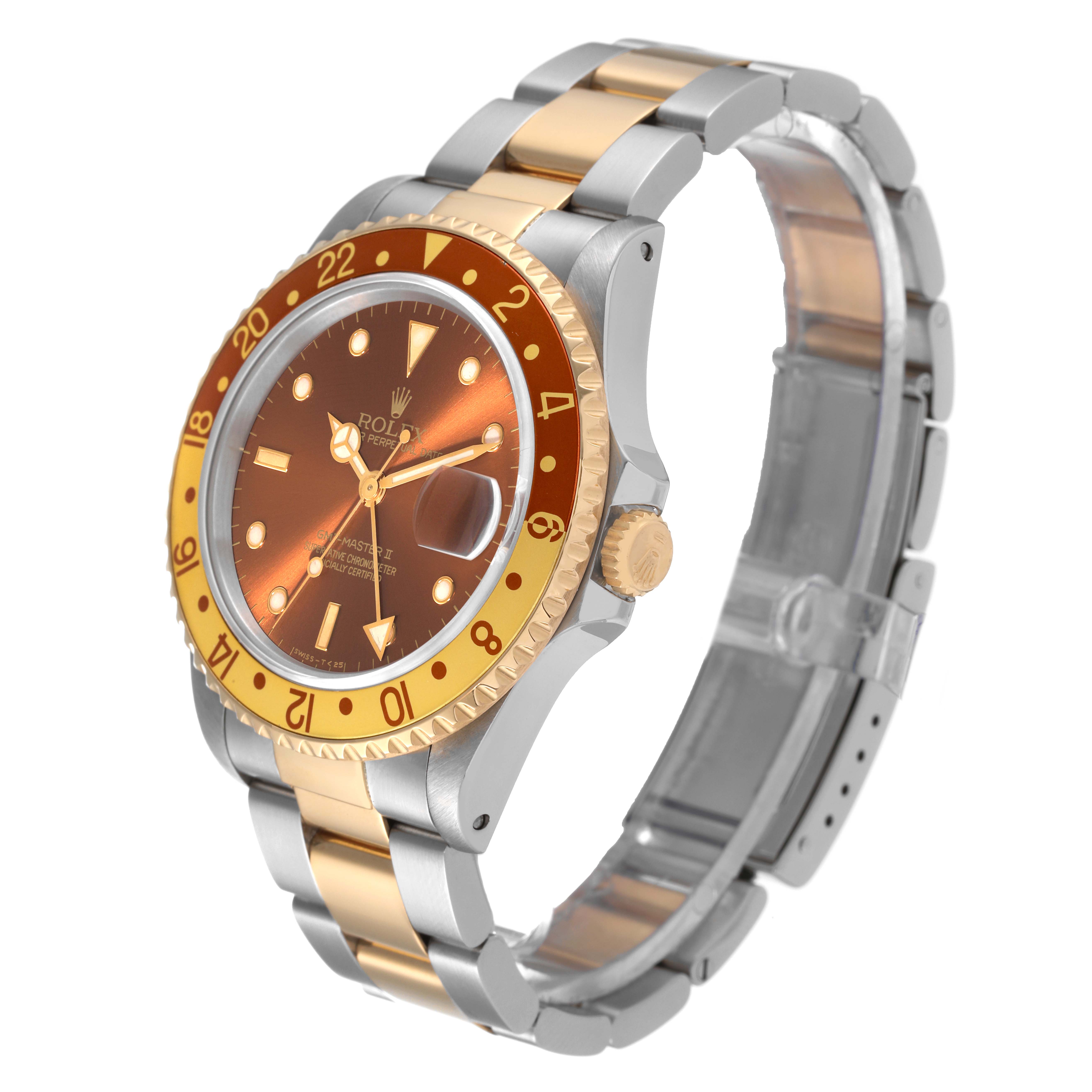 The Rolex GMT-Master 16713 Men's Steel and Gold (two tone) Brown Dial 16713 Men's Steel and Gold (two tone) Brown Dial watch is shown at a three-quarter angle, highlighting the dial, bezel, and two-tone bracelet.
