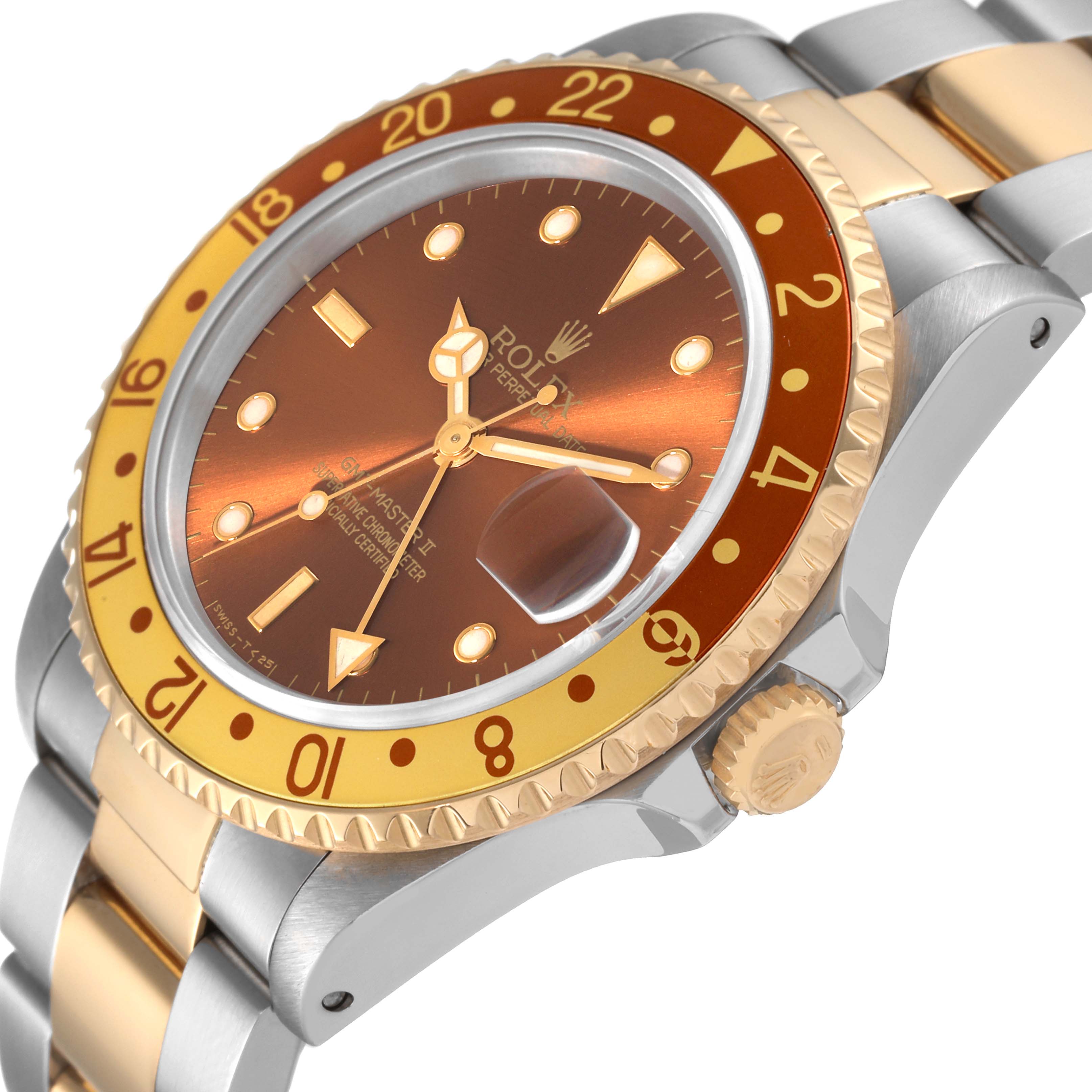 The image shows a side view of the Rolex GMT-Master 16713 Men's Steel and Gold (two tone) Brown Dial 16713 Men's Steel and Gold (two tone) Brown Dial model with a brown dial, gold bezel, and two-tone bracelet.
