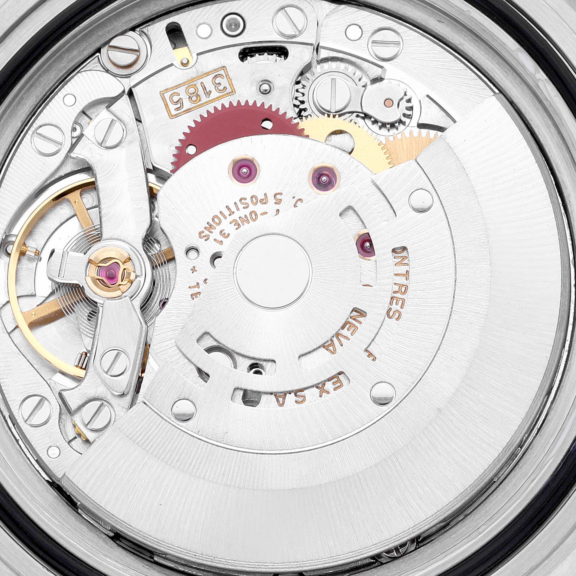 The image shows a close-up of the movement mechanism of a Rolex GMT-Master 16713 Men's Steel and Gold (two tone) Brown Dial 16713 Men's Steel and Gold (two tone) Brown Dial watch.