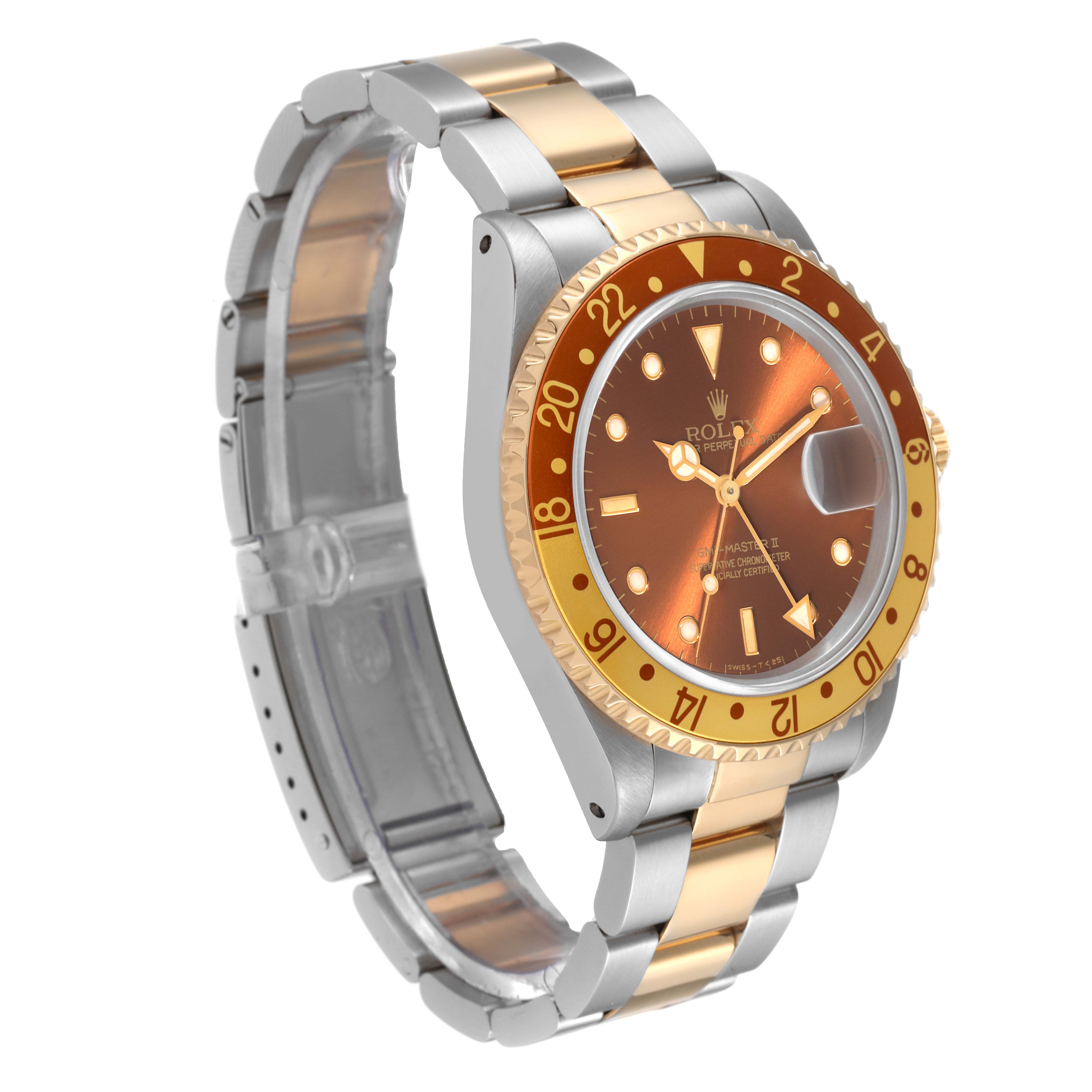 The image shows a side view of the Rolex GMT-Master 16713 Men's Steel and Gold (two tone) Brown Dial 16713 Men's Steel and Gold (two tone) Brown Dial watch, highlighting its bezel, dial, and bracelet.