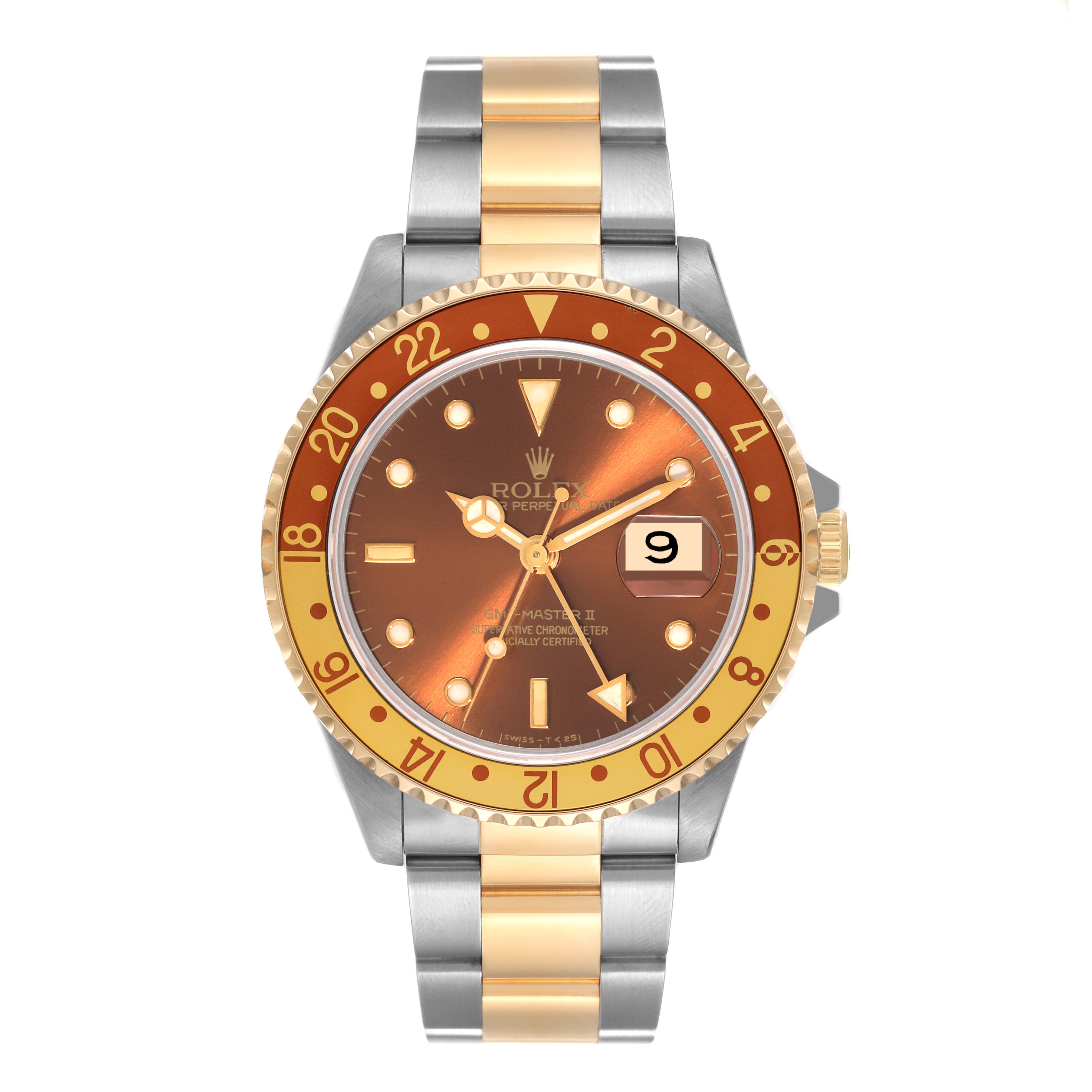 The image shows a Rolex GMT-Master 16713 Men's Steel and Gold (two tone) Brown Dial 16713 Men's Steel and Gold (two tone) Brown Dial watch's full face and bracelet, angled directly from the front.