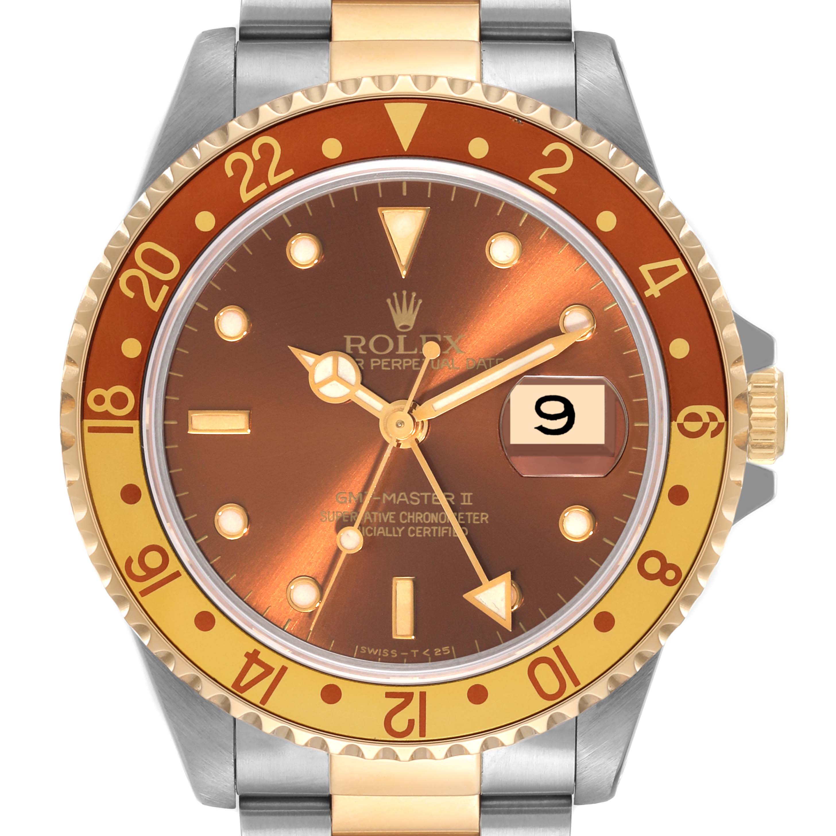 This image shows a frontal view of a Rolex GMT-Master 16713 Men's Steel and Gold (two tone) Brown Dial 16713 Men's Steel and Gold (two tone) Brown Dial II watch, highlighting its bezel, dial, hands, and date function.