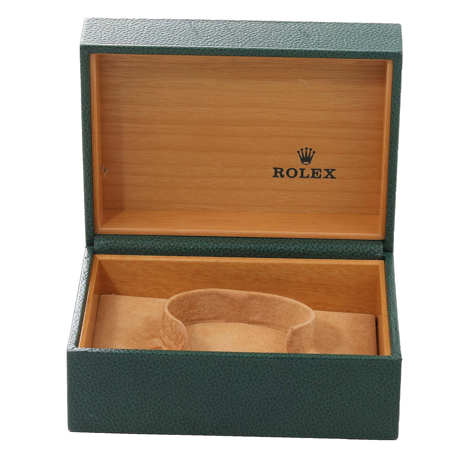 This is an open green and wooden Rolex watch box for the GMT-Master model, viewed from the front.