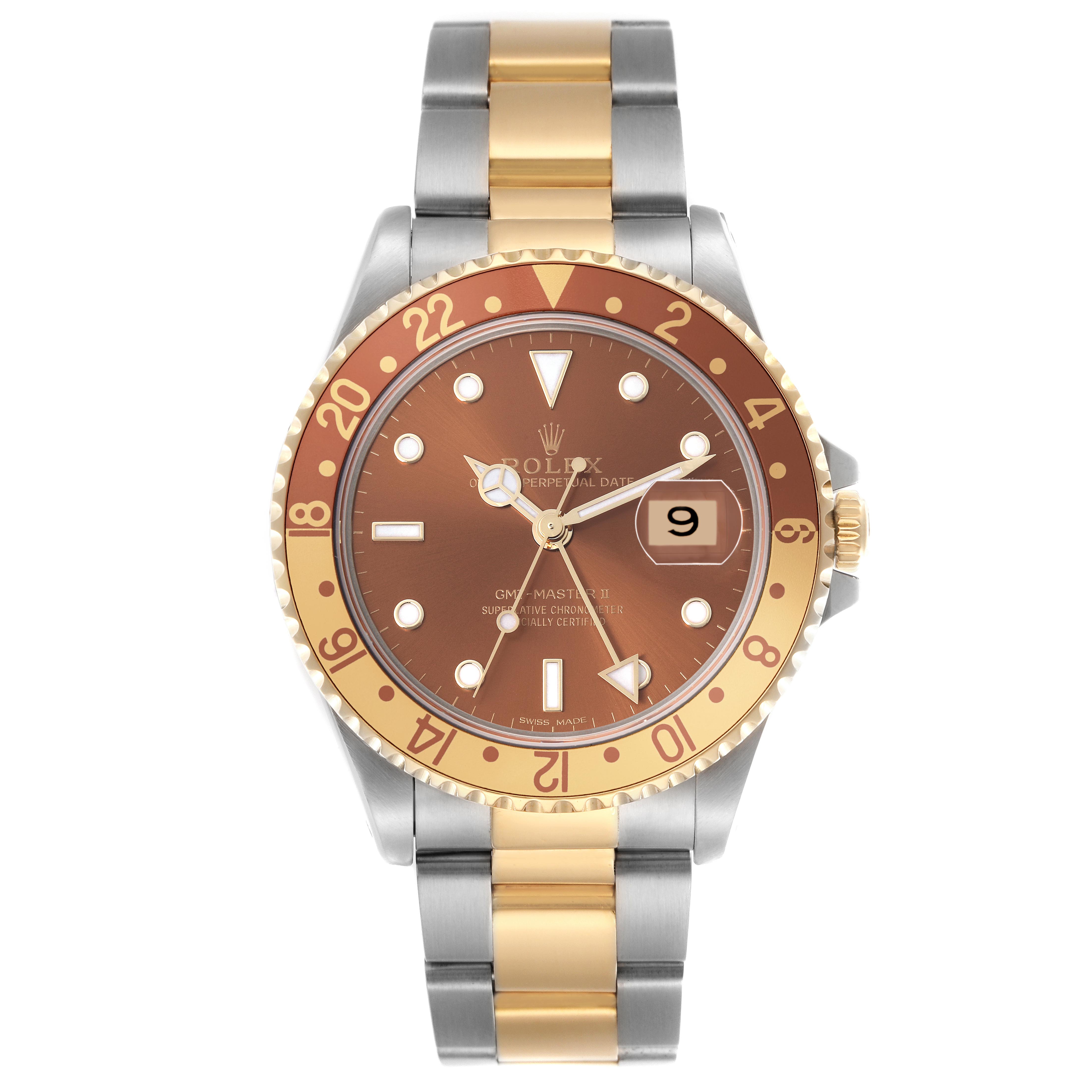 The Rolex GMT-Master 16713 Men's Steel and Gold (two tone) Brown Dial 16713 Men's Steel and Gold (two tone) Brown Dial is shown from a front angle, highlighting the bezel, dial, bracelet, and date feature.