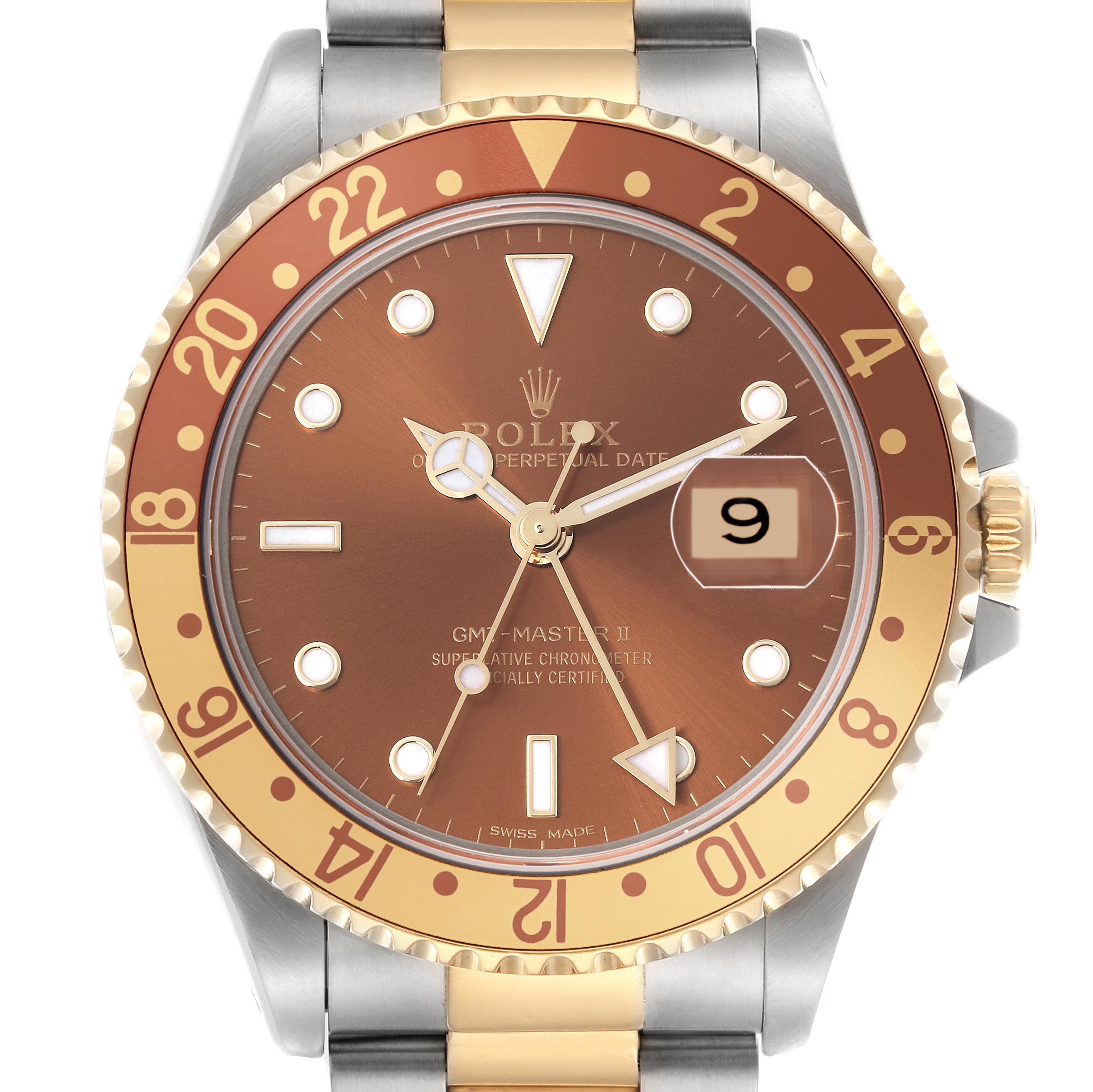 The Rolex GMT-Master 16713 Men's Steel and Gold (two tone) Brown Dial 16713 Men's Steel and Gold (two tone) Brown Dial watch is shown from a front angle, displaying the dial, bezel, and part of the bracelet.