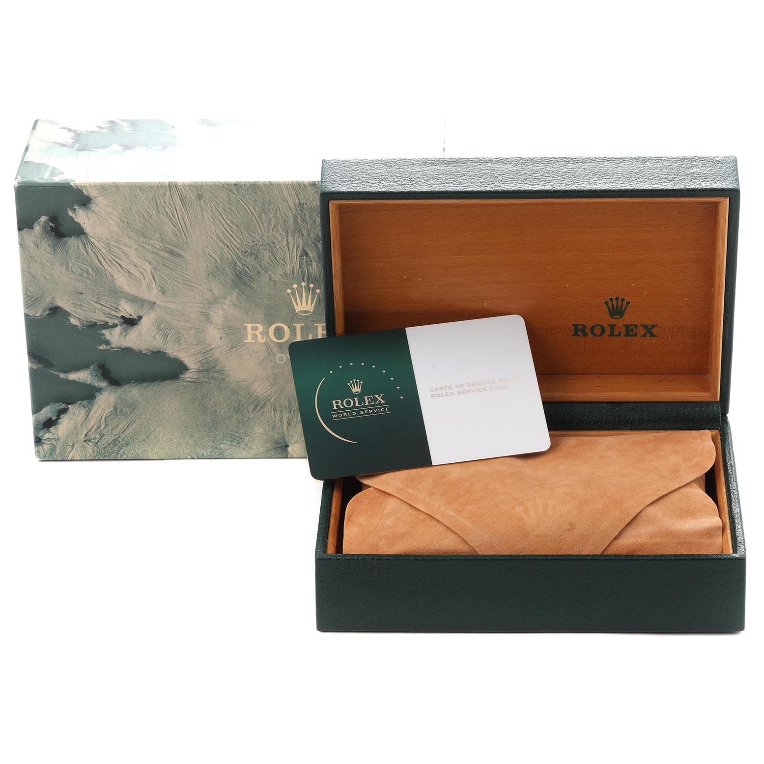 The image shows a Rolex GMT-Master 16713 Men's Steel and Gold (two tone) Brown Dial 16713 Men's Steel and Gold (two tone) Brown Dial box, warranty card, and suede pouch, all viewed from the front.