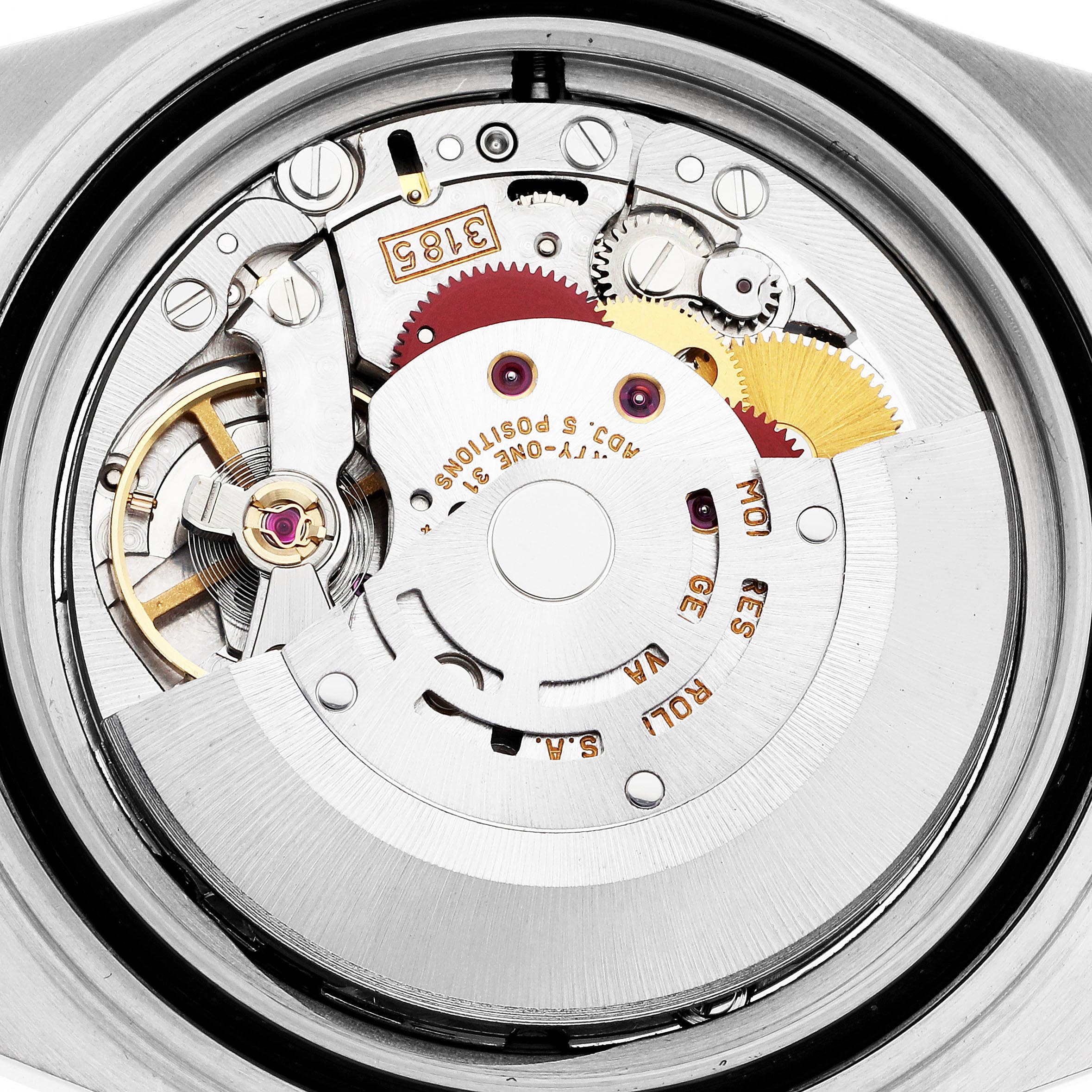 This image shows the movement of the Rolex GMT-Master 16713 Men's Steel and Gold (two tone) Brown Dial 16713 Men's Steel and Gold (two tone) Brown Dial watch, including gears and balance wheel, viewed from the back.