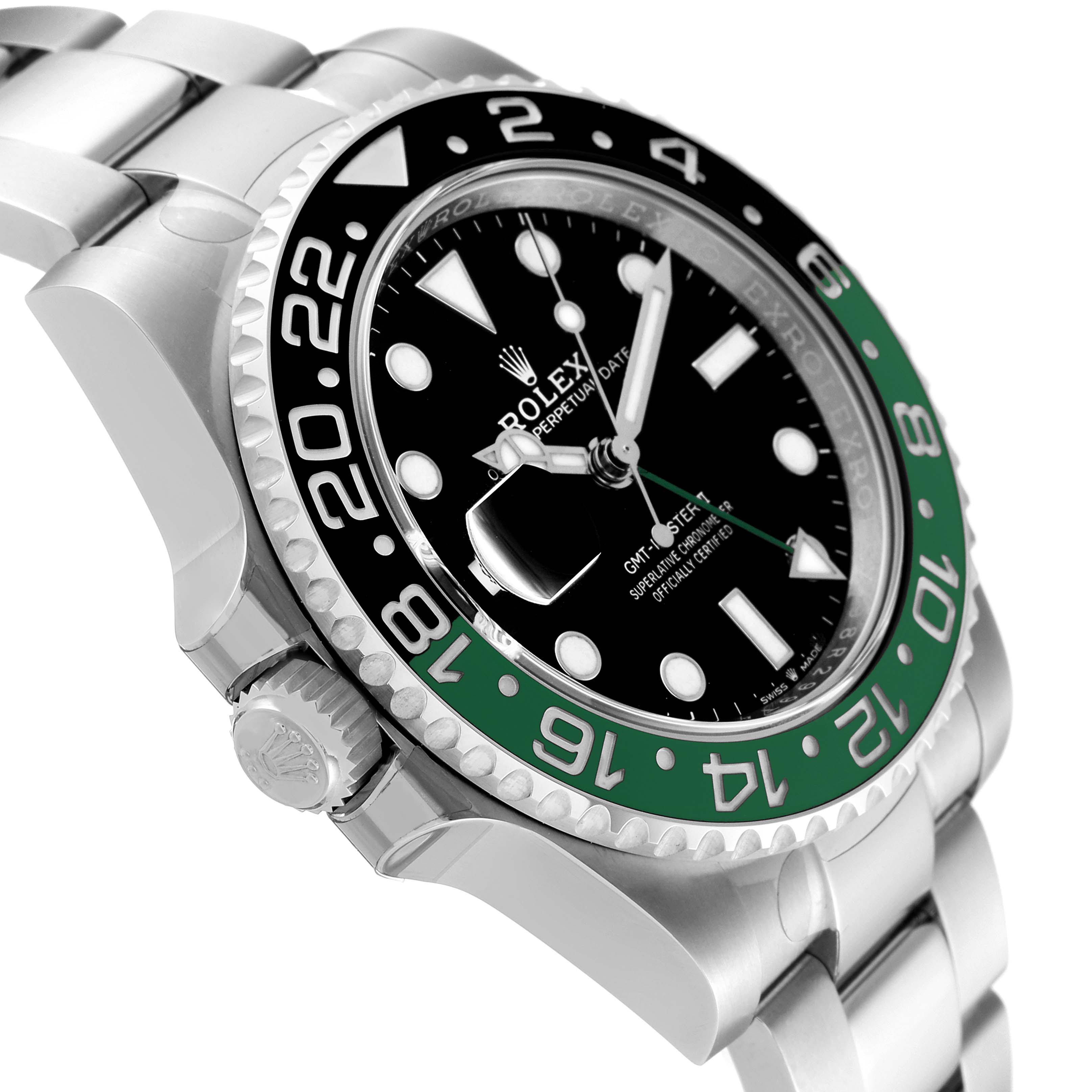 This image shows a Rolex GMT-Master 126720VTNR-0001 Men
s Stainless Steel Black Dial 126720VTNR-0001 Men
s Stainless Steel Black Dial watch from an angled view, highlighting the bezel, dial, and part of the bracelet.