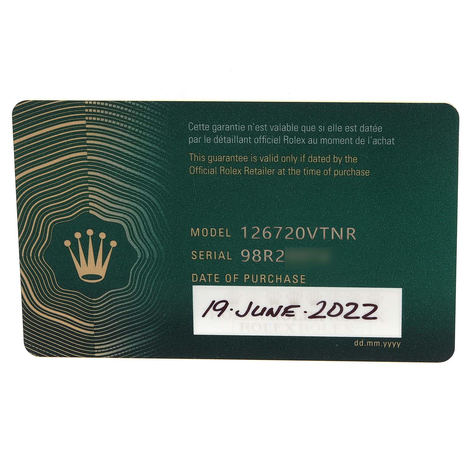 The image shows a warranty card for the Rolex GMT-Master 126720VTNR-0001 Men
s Stainless Steel Black Dial 126720VTNR-0001 Men
s Stainless Steel Black Dial, model 126720VTNR, with a purchase date of 19 June 2022.